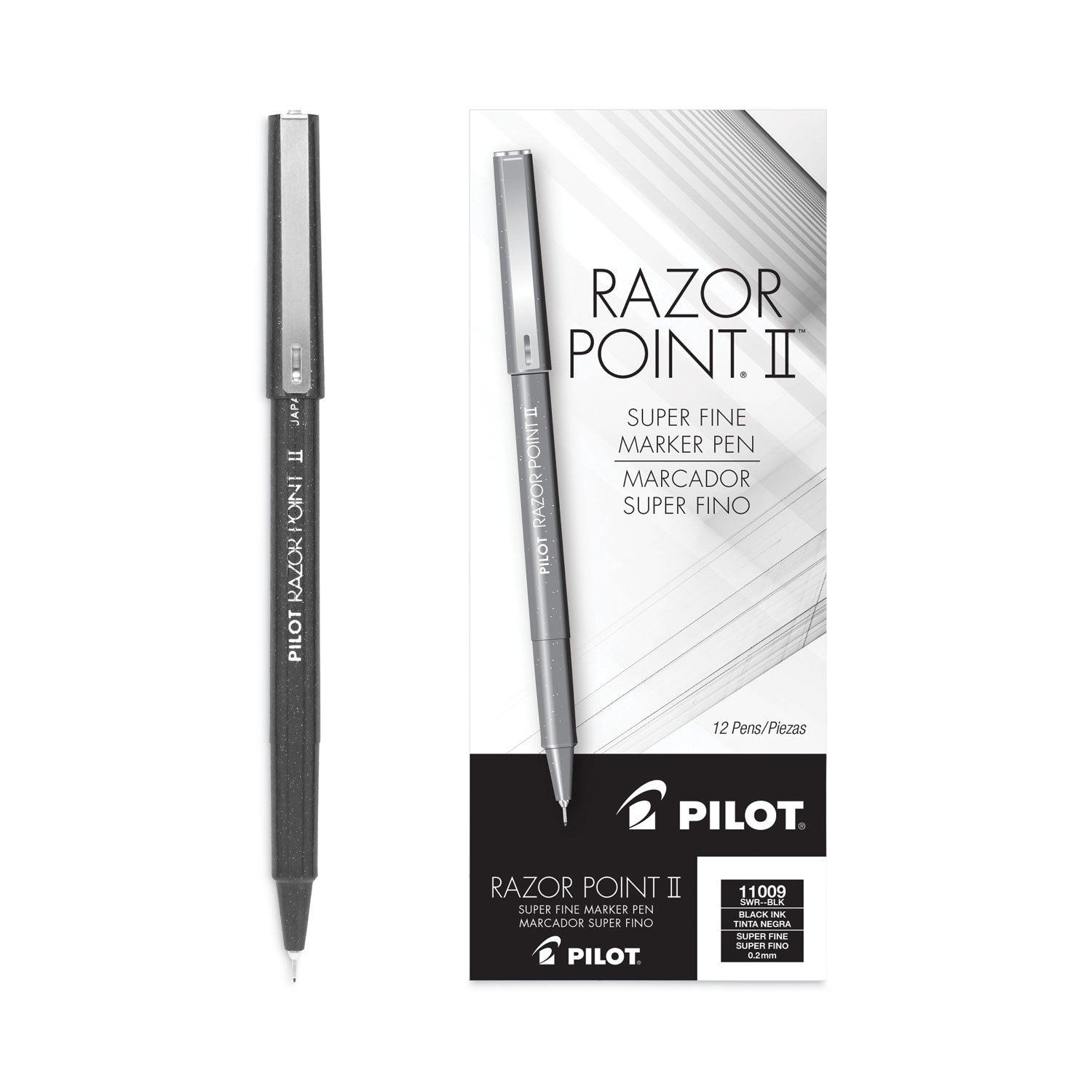 Razor Point II Super Fine Line Porous Point Pen, Stick, Ultra-Fine 0.2 mm, Black Ink, Black Barrel, Dozen - 