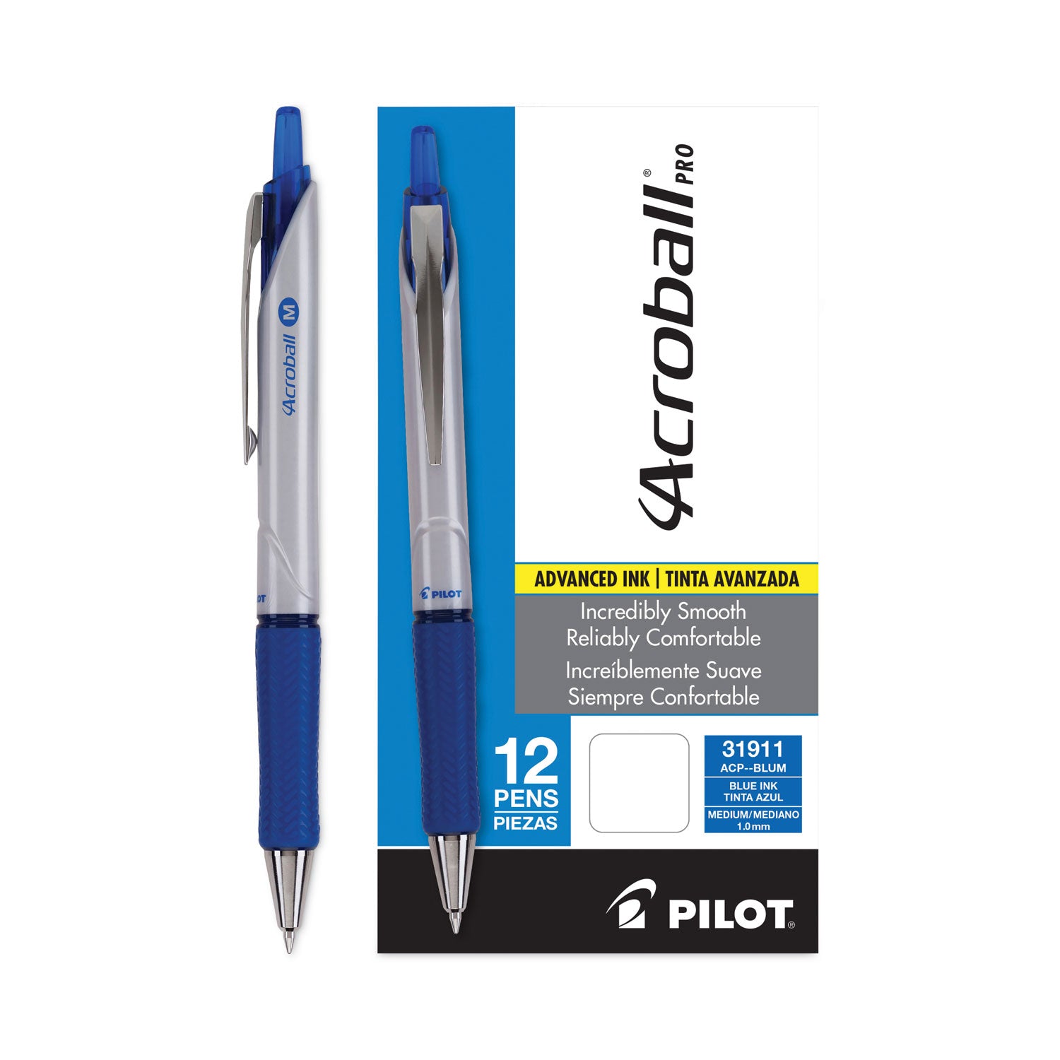 Acroball Pro Advanced Ink Hybrid Gel Pen, Retractable, Medium 1 mm, Blue Ink, Silver/Blue Barrel, Dozen - 