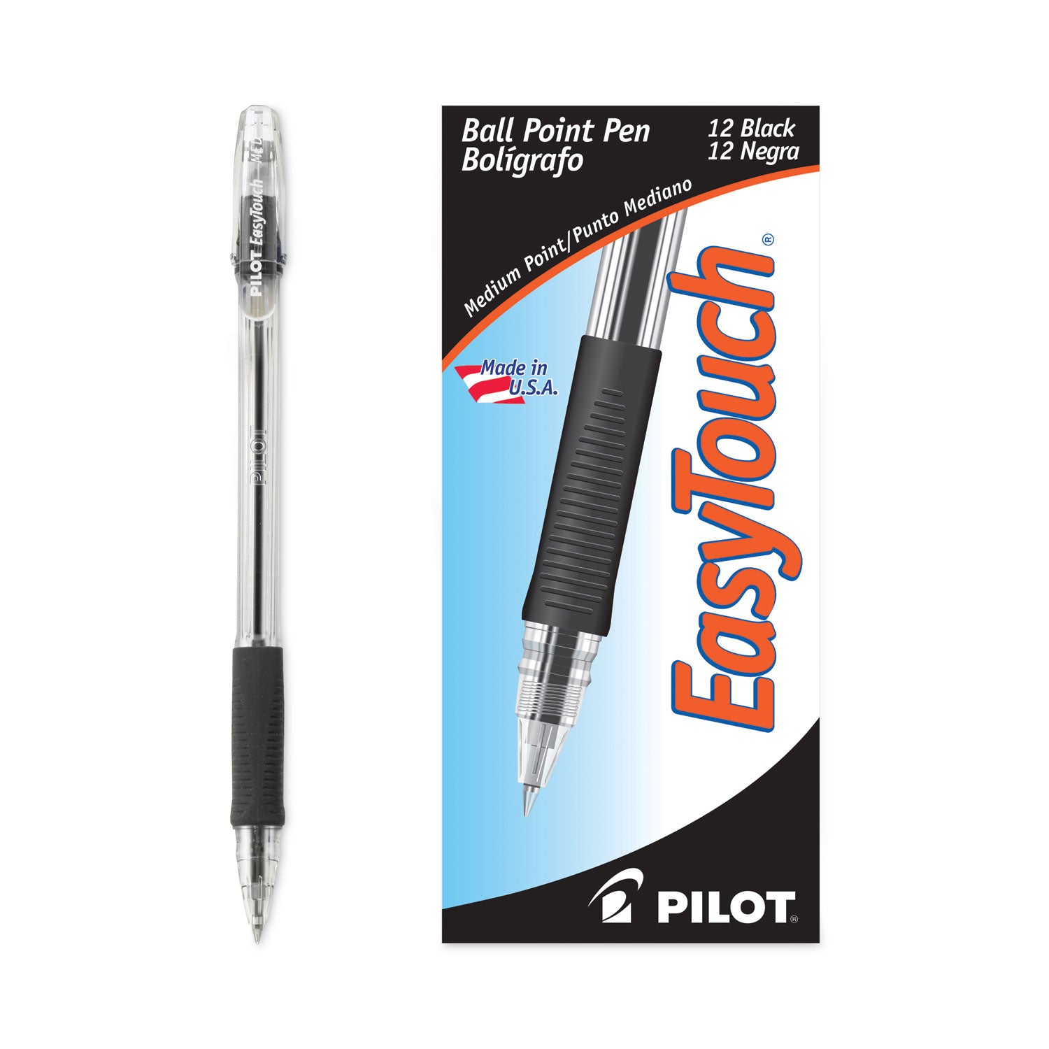 EasyTouch Ballpoint Pen, Stick, Medium 1 mm, Black Ink, Clear/Black Barrel, Dozen - 