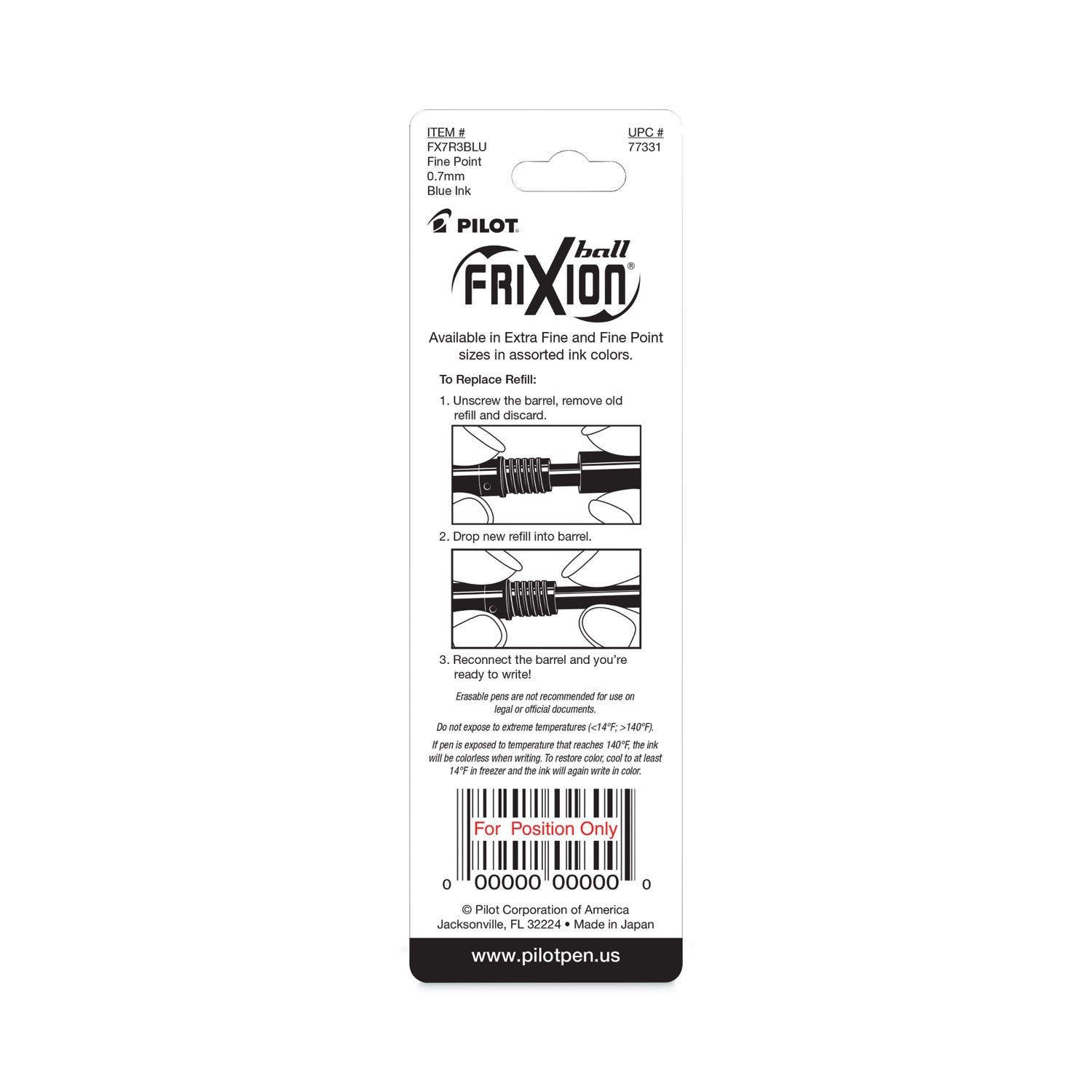 Refill for Pilot FriXion Erasable, FriXion Ball, FriXion Clicker and FriXion LX Gel Ink Pens, Fine Tip, Blue Ink, 3/Pack