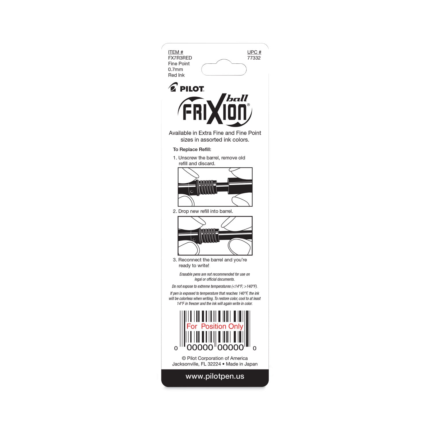 Refill for Pilot FriXion Erasable, FriXion Ball, FriXion Clicker and FriXion LX Gel Ink Pens, Fine Tip, Red Ink, 3/Pack
