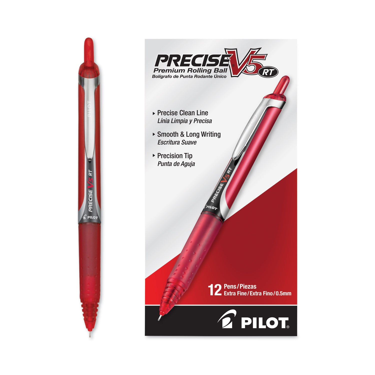 Precise V5RT Roller Ball Pen, Retractable, Extra-Fine 0.5 mm, Red Ink, Red Barrel
