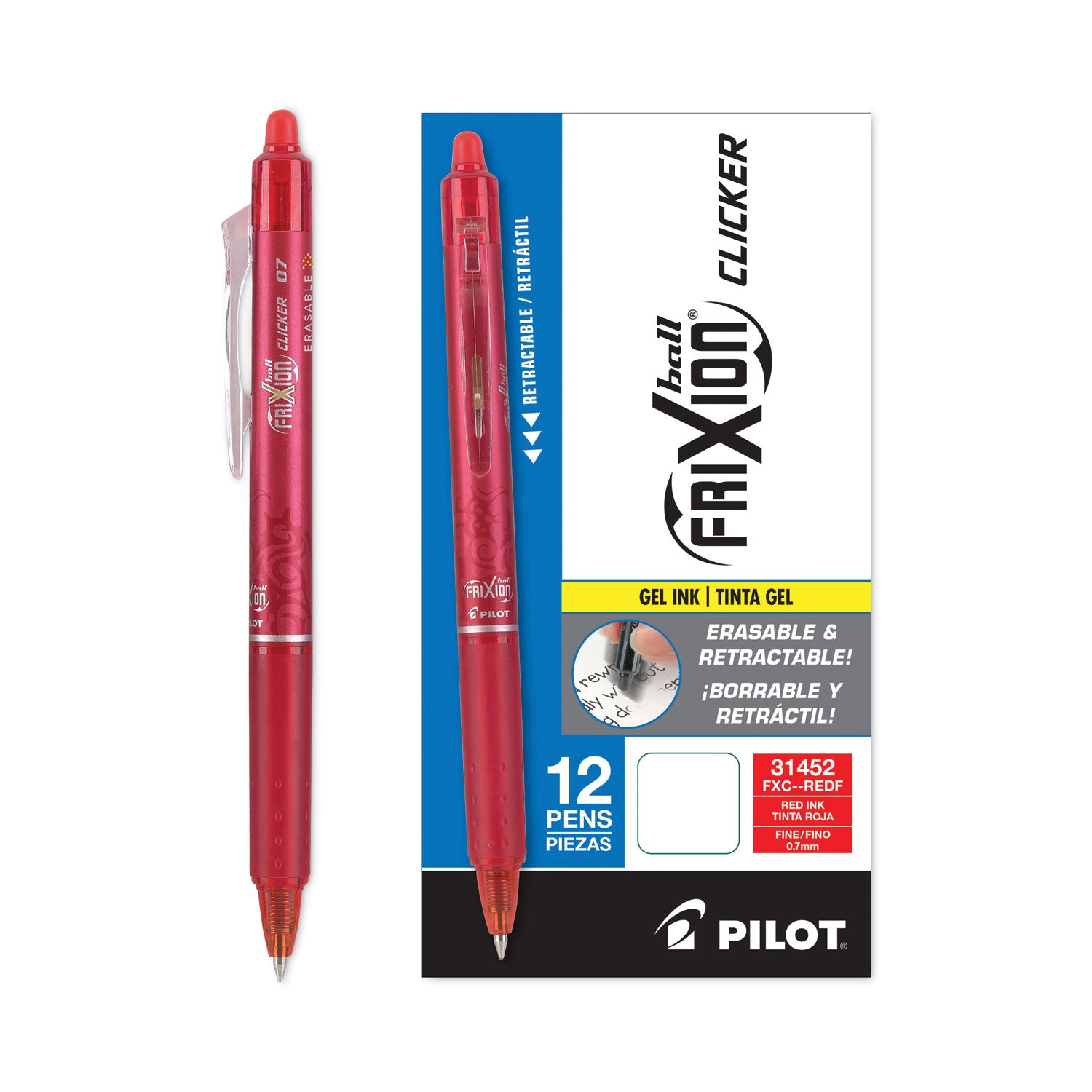 FriXion Clicker Erasable Gel Pen, Retractable, Fine 0.7 mm, Red Ink, Red Barrel