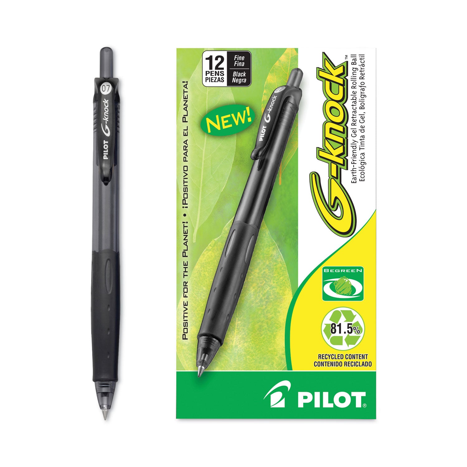 G-Knock BeGreen Gel Pen, Retractable, Fine 0.7 mm, Black Ink, Smoke/Black Barrel, Dozen