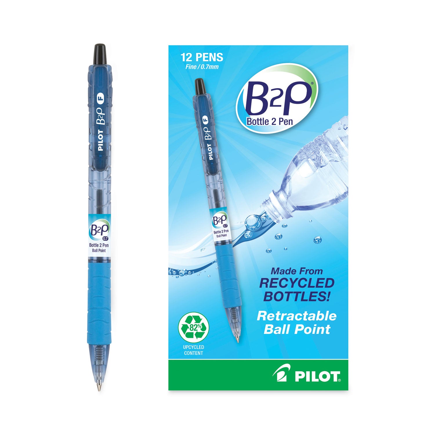 B2P Bottle-2-Pen Recycled Ballpoint Pen, Retractable, Fine 0.7 mm, Black Ink, Translucent Blue Barrel, Dozen - 