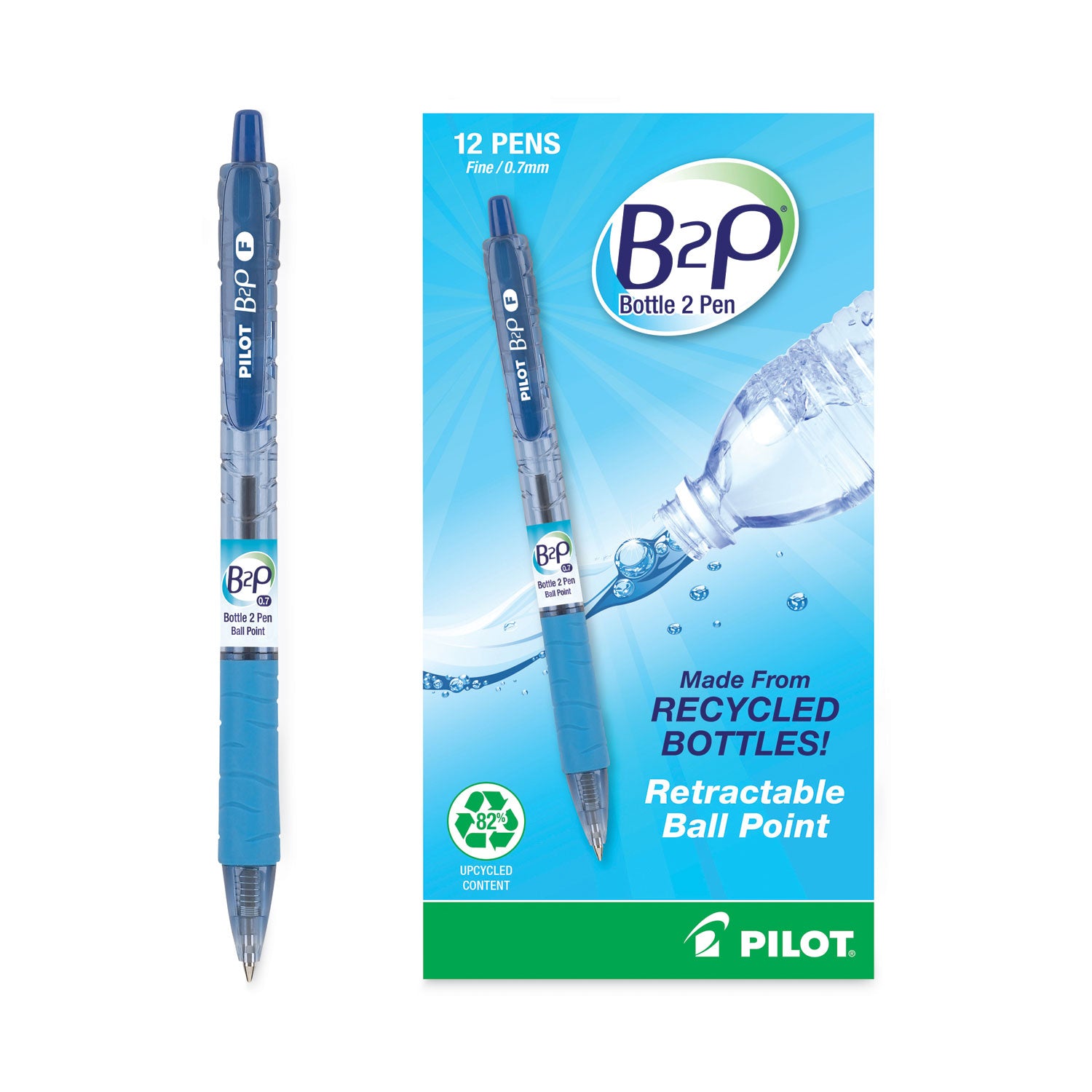 B2P Bottle-2-Pen Recycled Ballpoint Pen, Retractable, Fine 0.7 mm, Blue Ink, Translucent Blue Barrel, Dozen - 