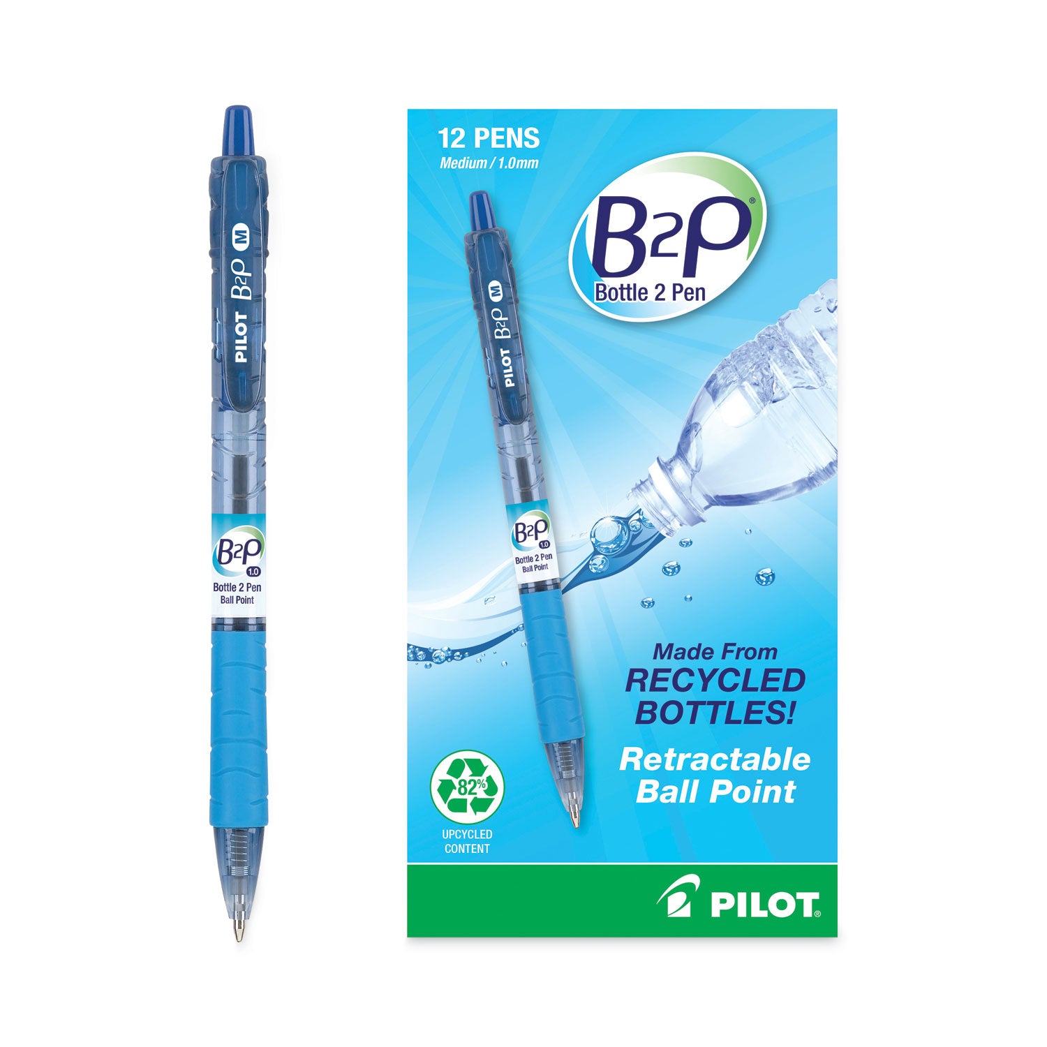 B2P Bottle-2-Pen Recycled Ballpoint Pen, Retractable, Medium 1 mm, Blue Ink, Translucent Blue Barrel, Dozen - 