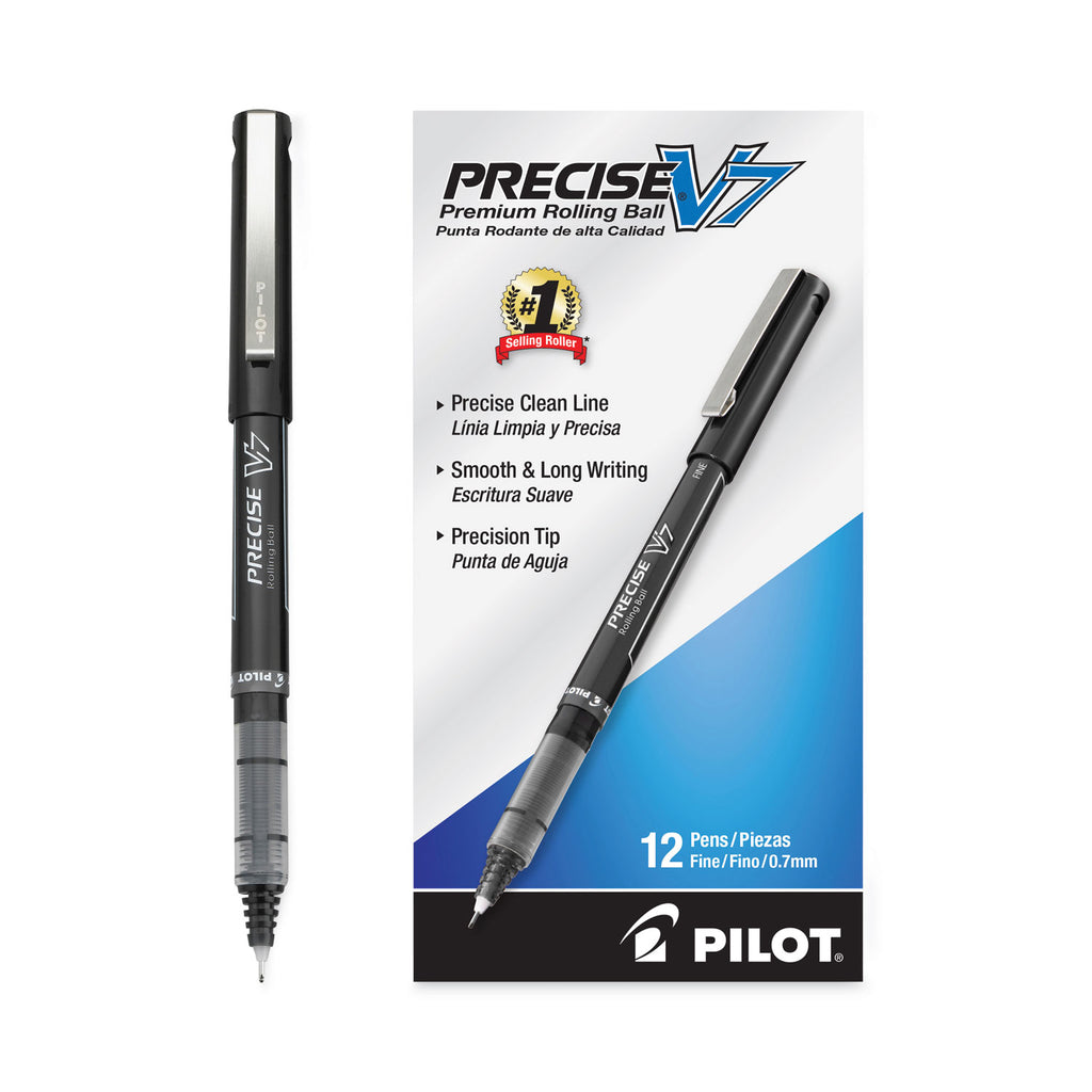 Precise V7 Roller Ball Pen, Stick, Fine 0.7 mm, Black Ink, Black/Clear Barrel, Dozen
