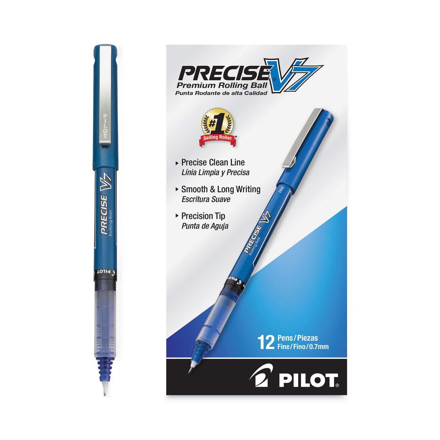 Precise V7 Roller Ball Pen, Stick, Fine 0.7 mm, Blue Ink, Blue/Clear Barrel, Dozen