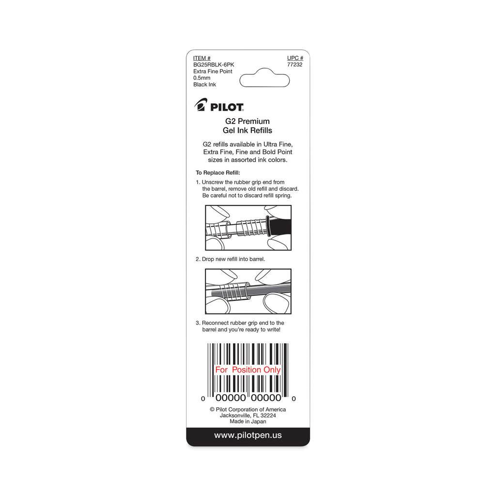 Refill for Pilot B2P, Dr Grip, G2, G6, MR Metropolitan, Precise BeGreen and Q7 Gel Pens, Extra-Fine Tip, Black Ink, 2/Pack