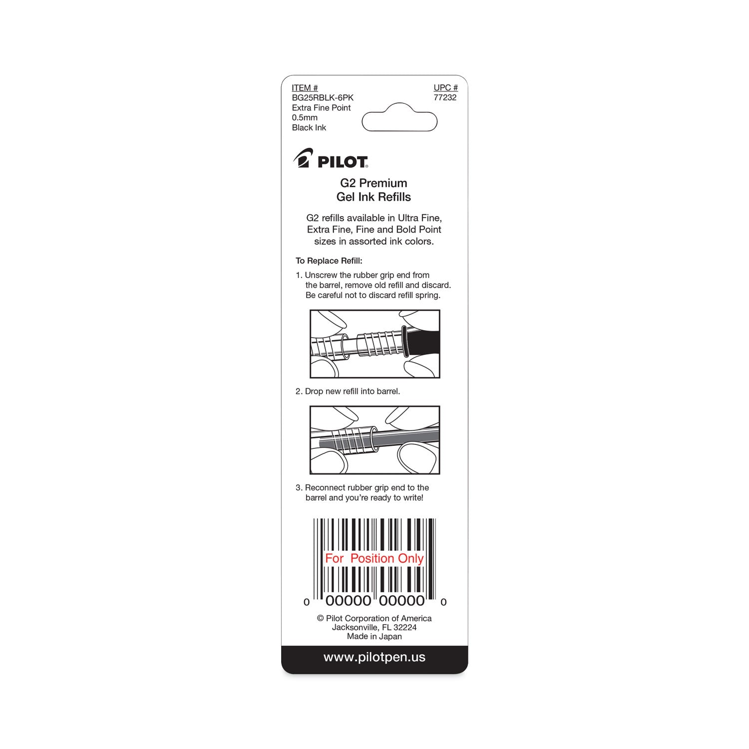 Refill for Pilot B2P, Dr Grip, G2, G6, MR Metropolitan, Precise BeGreen and Q7 Gel Pens, Extra-Fine Tip, Black Ink, 2/Pack