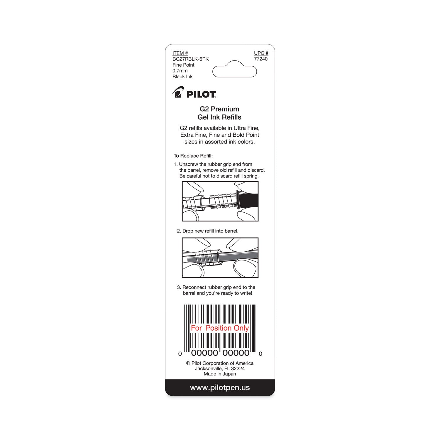 Refill for Pilot B2P, Dr Grip, G2, G6, MR Metropolitan, Precise BeGreen and Q7 Gel Pens, Fine Tip, Black Ink, 2/Pack