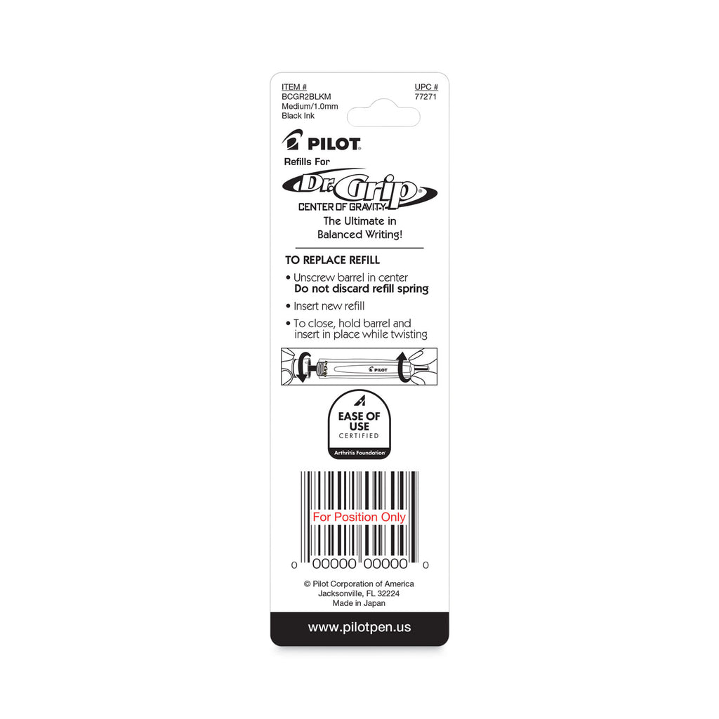 Refill for Pilot Dr. Grip Center of Gravity Ballpoint Pens, Medium Conical Tip, Black Ink, 2/Pack