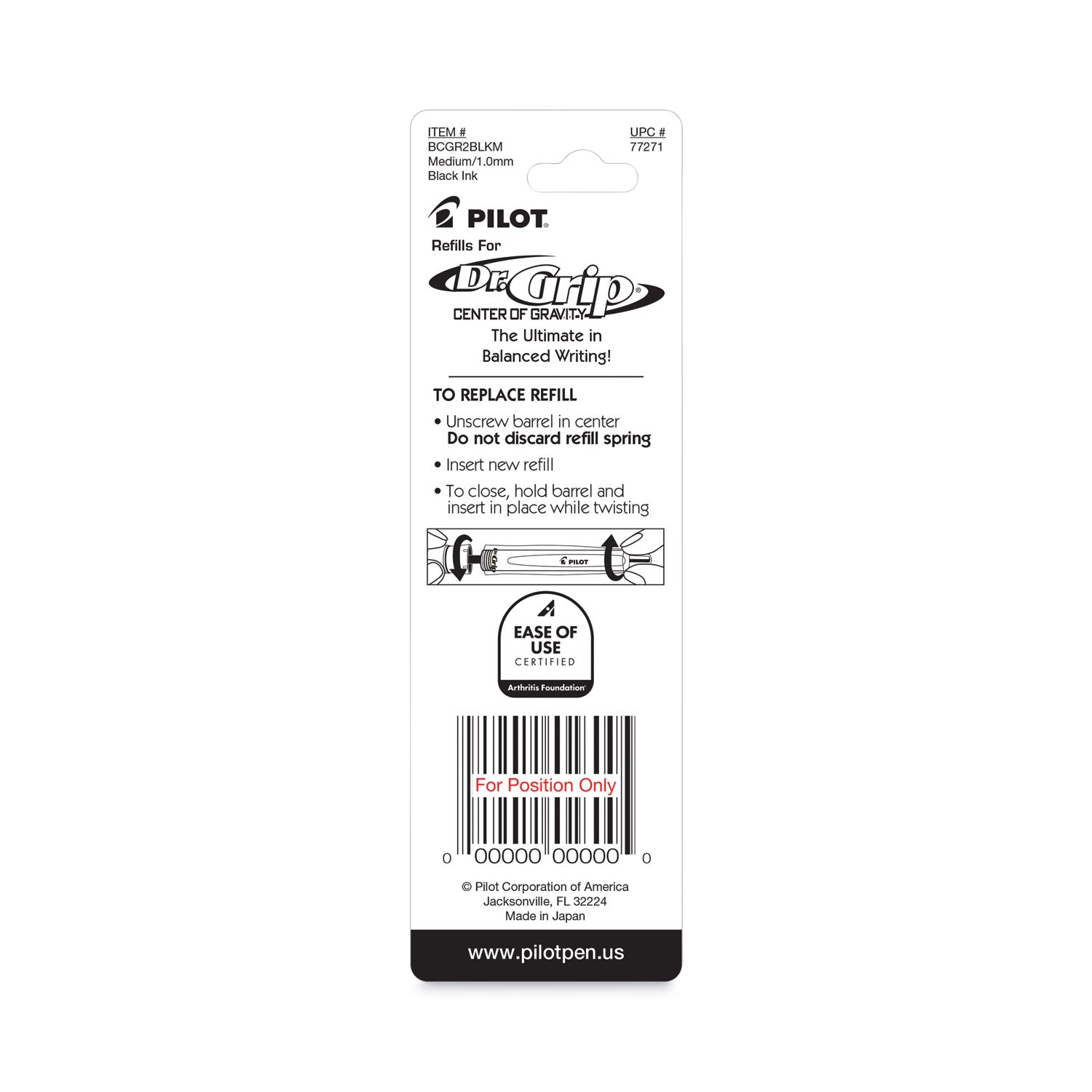 Refill for Pilot Dr. Grip Center of Gravity Ballpoint Pens, Medium Conical Tip, Black Ink, 2/Pack