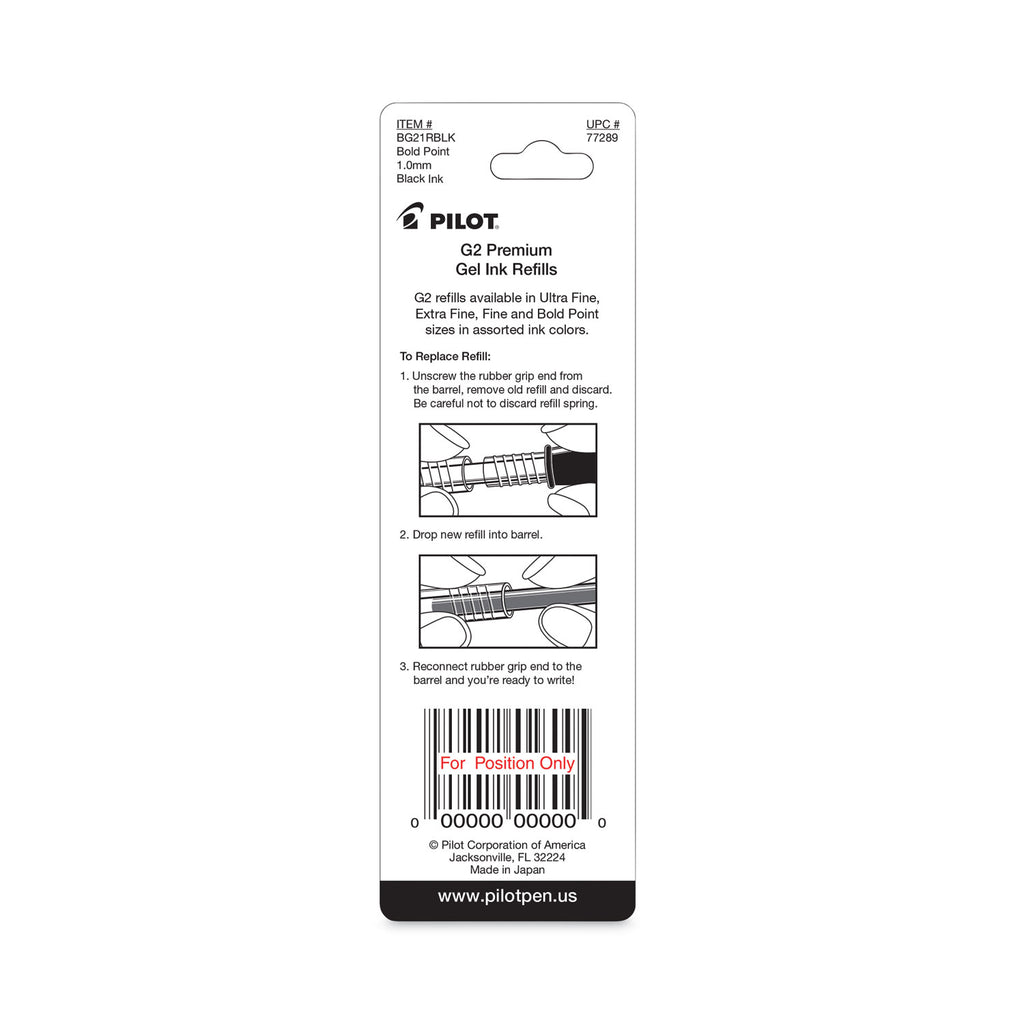 Refill for Pilot G2 Gel Ink Pens, Bold Conical Tip, Black Ink, 2/Pack