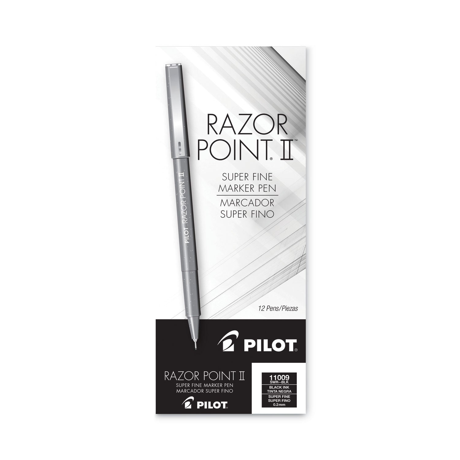 Razor Point II Super Fine Line Porous Point Pen, Stick, Ultra-Fine 0.2 mm, Black Ink, Black Barrel, Dozen - 