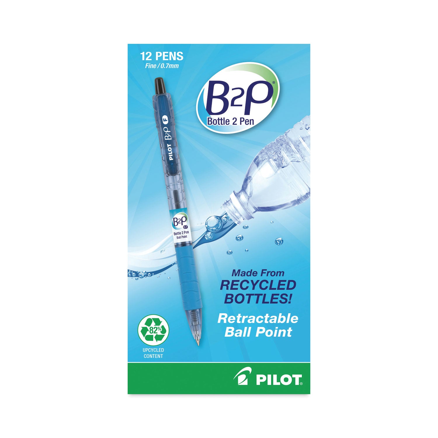 B2P Bottle-2-Pen Recycled Ballpoint Pen, Retractable, Fine 0.7 mm, Black Ink, Translucent Blue Barrel, Dozen - 