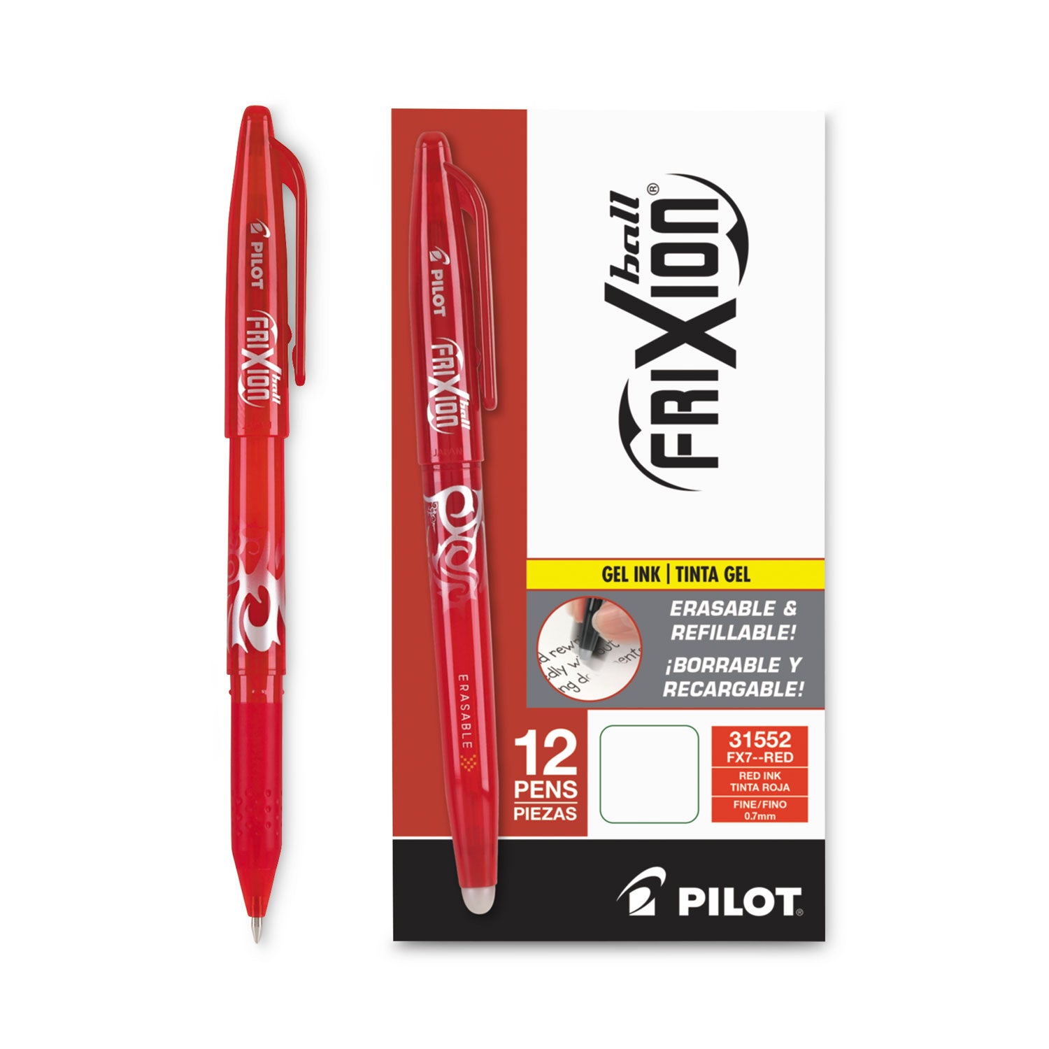 FriXion Ball Erasable Gel Pen, Stick, Fine 0.7 mm, Red Ink, Red Barrel - 