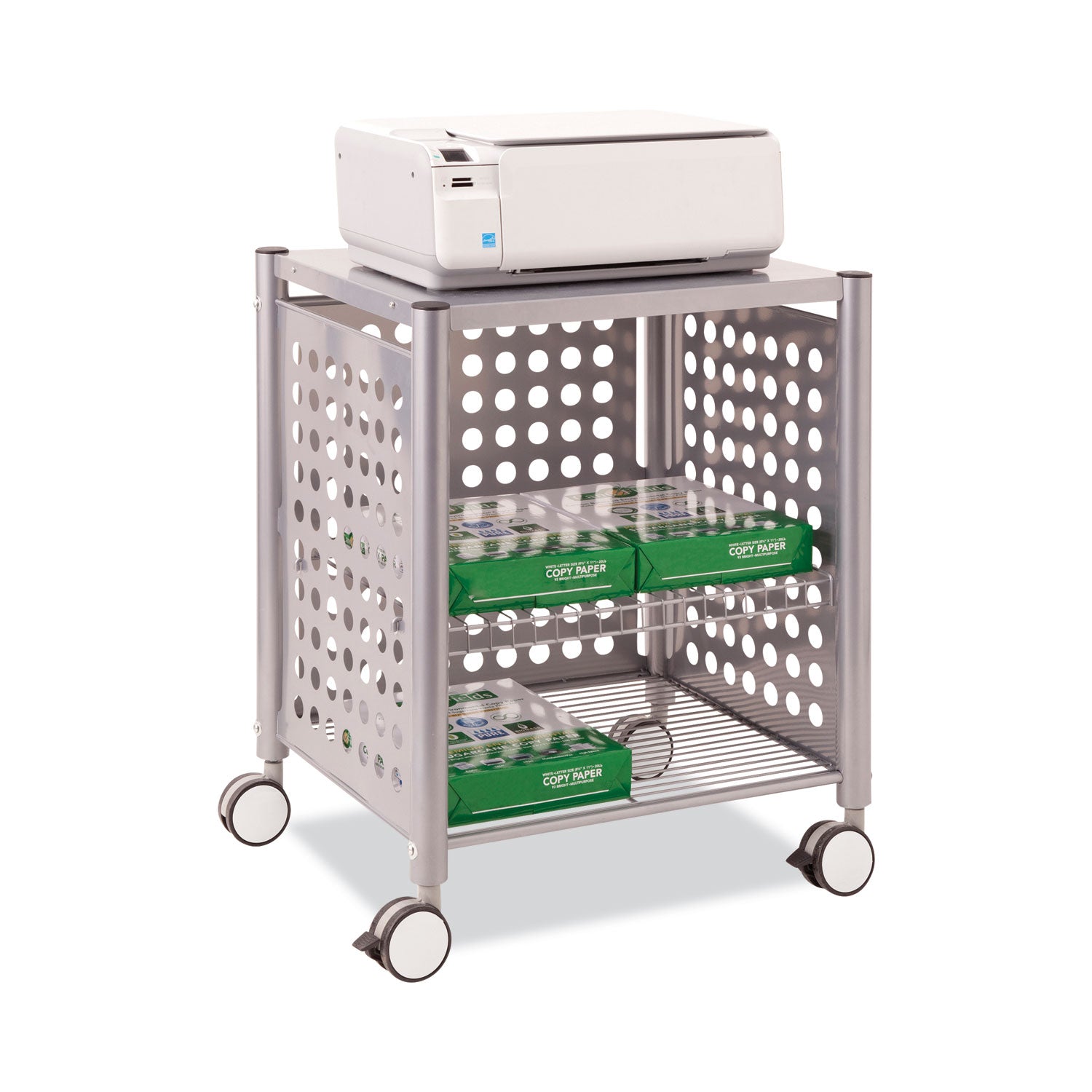 File Cart with Open Top, Metal, 1 Shelf, 2 Bins, 28.25" x 13.75" x 27.38", Matte Gray