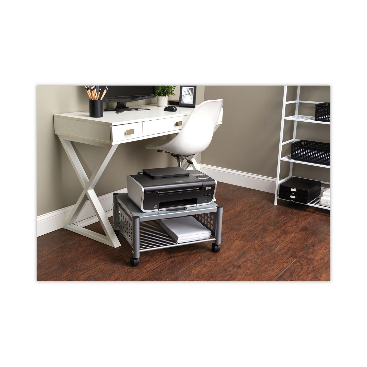 Underdesk Machine Stand, Metal, 2 Shelves, 90 lb Capacity, 21.5" x 17.88" x 11.5", Matte Gray - 