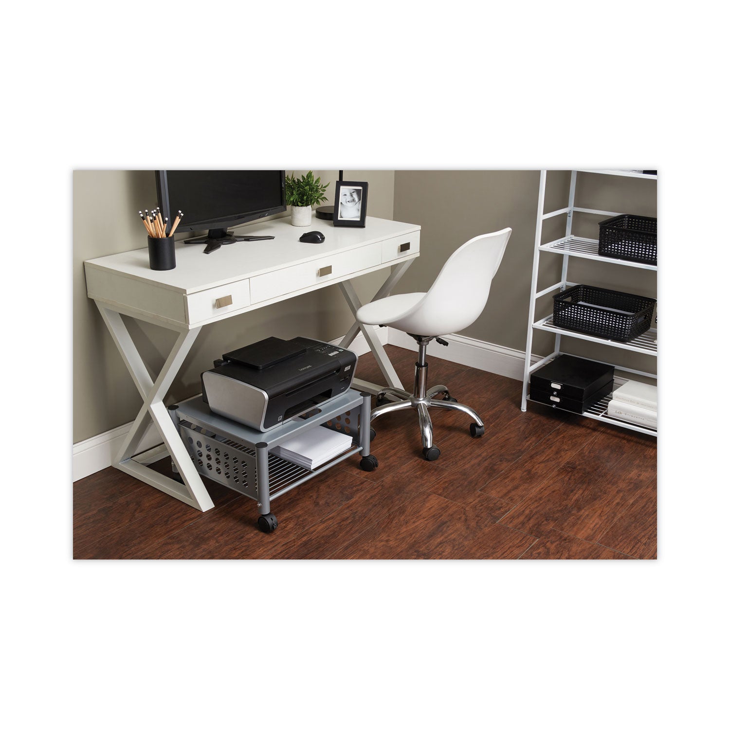 Underdesk Machine Stand, Metal, 2 Shelves, 90 lb Capacity, 21.5" x 17.88" x 11.5", Matte Gray - 