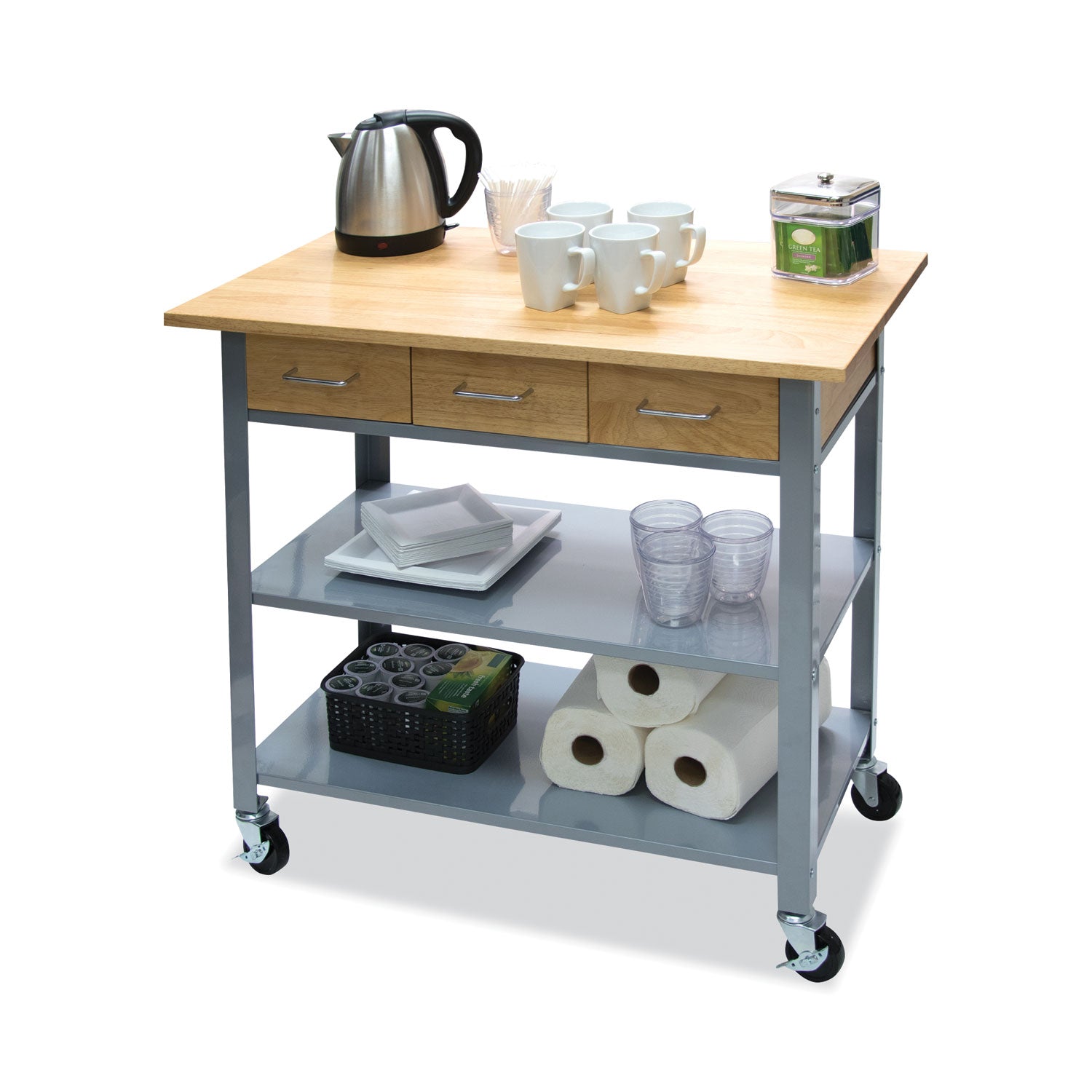 Countertop Serving Cart, Wood, 3 Shelves, 3 Drawers, 35.5" x 19.75" x 34.25", Oak/Gray - 2