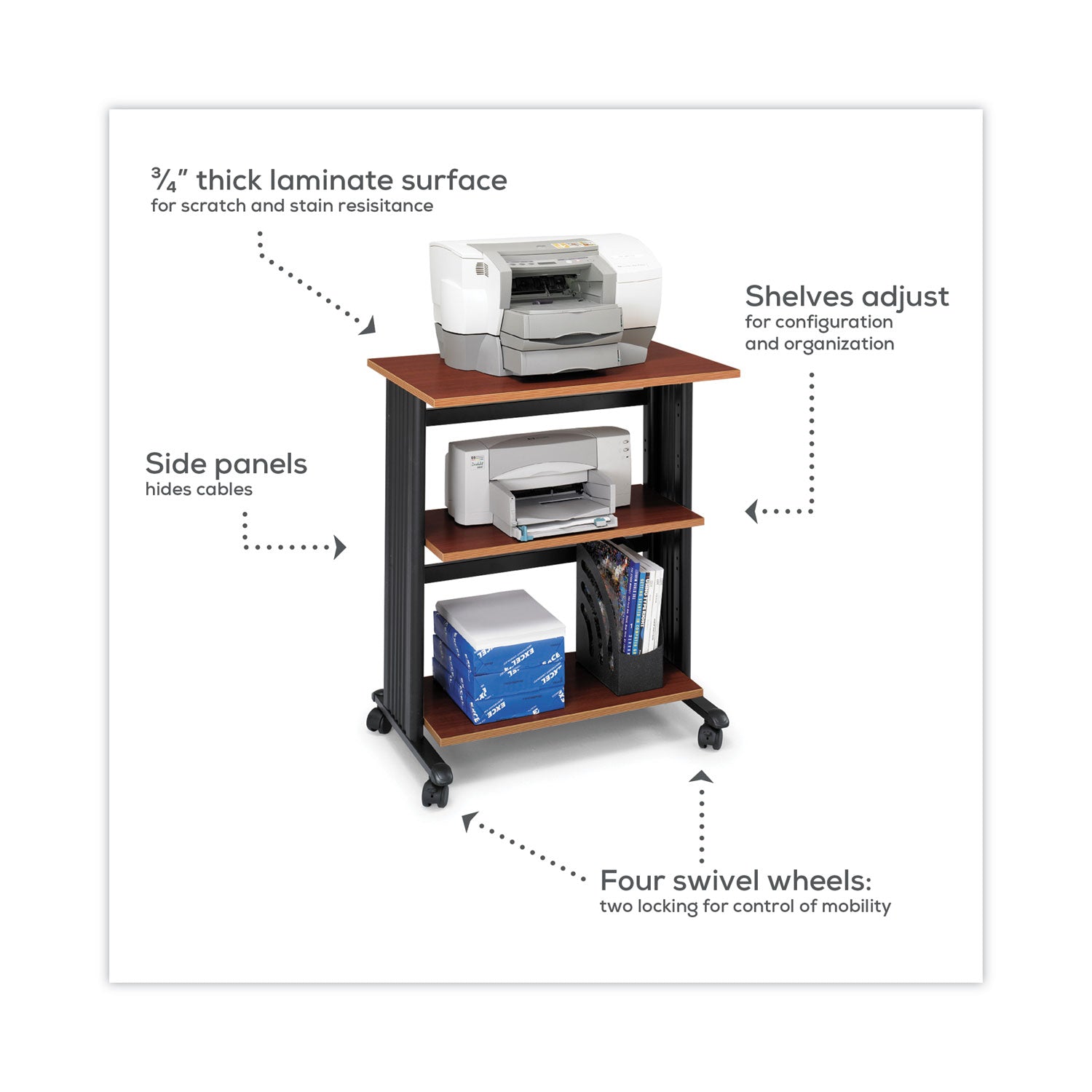Muv Three Level Machine Cart/Printer Stand, Engineered Wood, 3 Shelves, 29.5" x 20" x 35", Cherry/Black - 