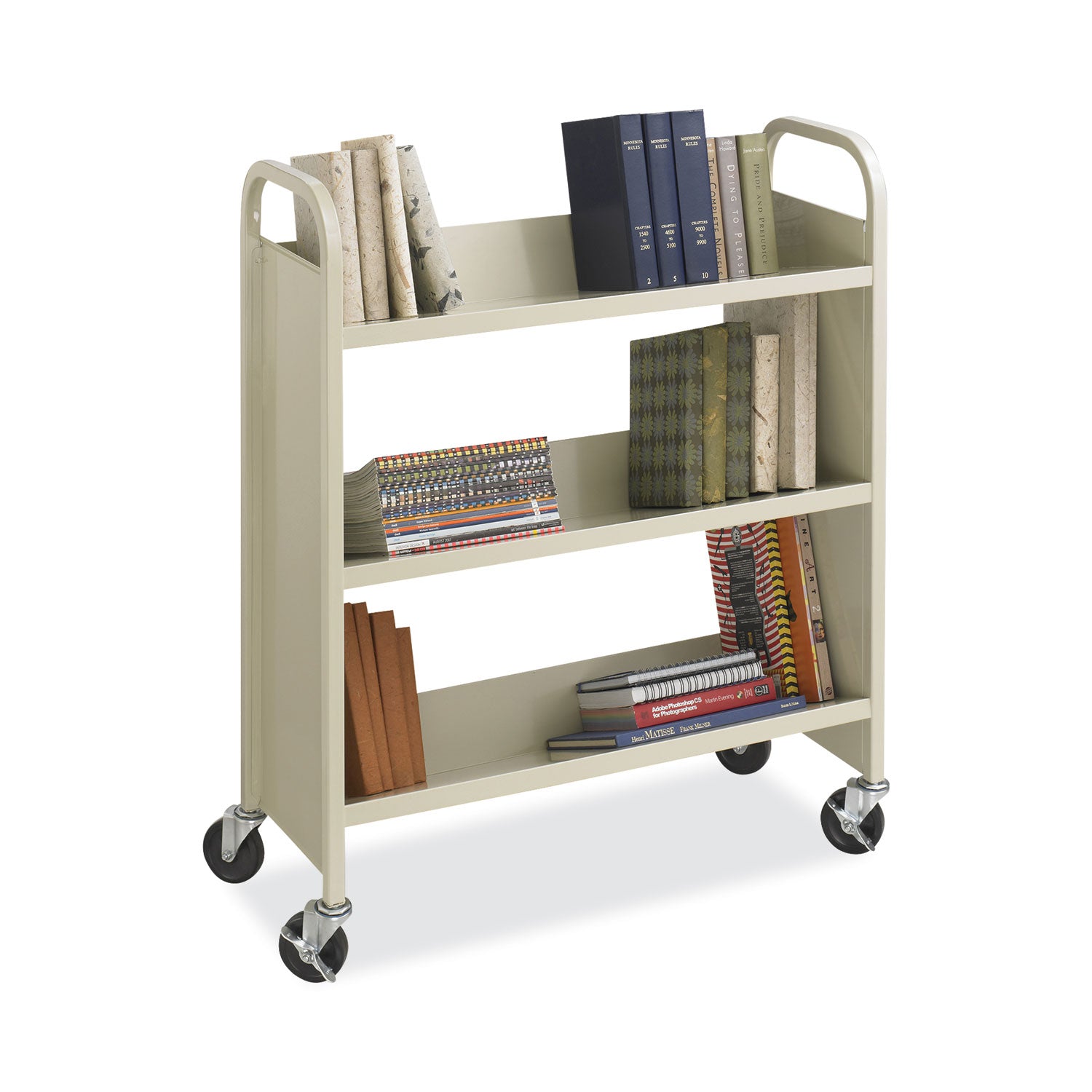 Steel Single-Sided Book Cart, Metal, 3 Shelves, 300 lb Capacity, 36" x 14.5" x 43.5", Sand - 