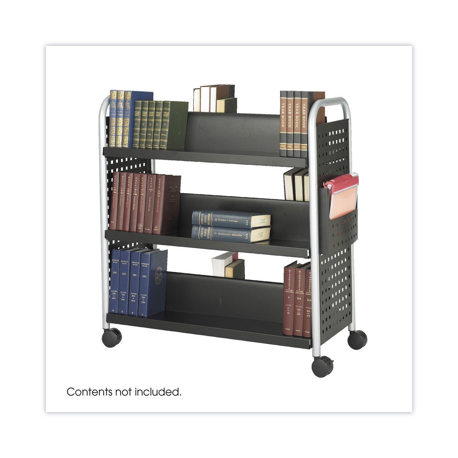 Scoot Double-Sided Book Cart, Metal, 6 Shelves, 1 Bin, 41.25" x 17.75" x 41.25", Black - 