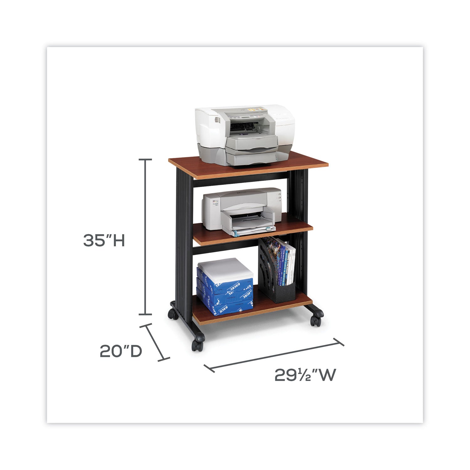 Muv Three Level Machine Cart/Printer Stand, Engineered Wood, 3 Shelves, 29.5" x 20" x 35", Cherry/Black - 