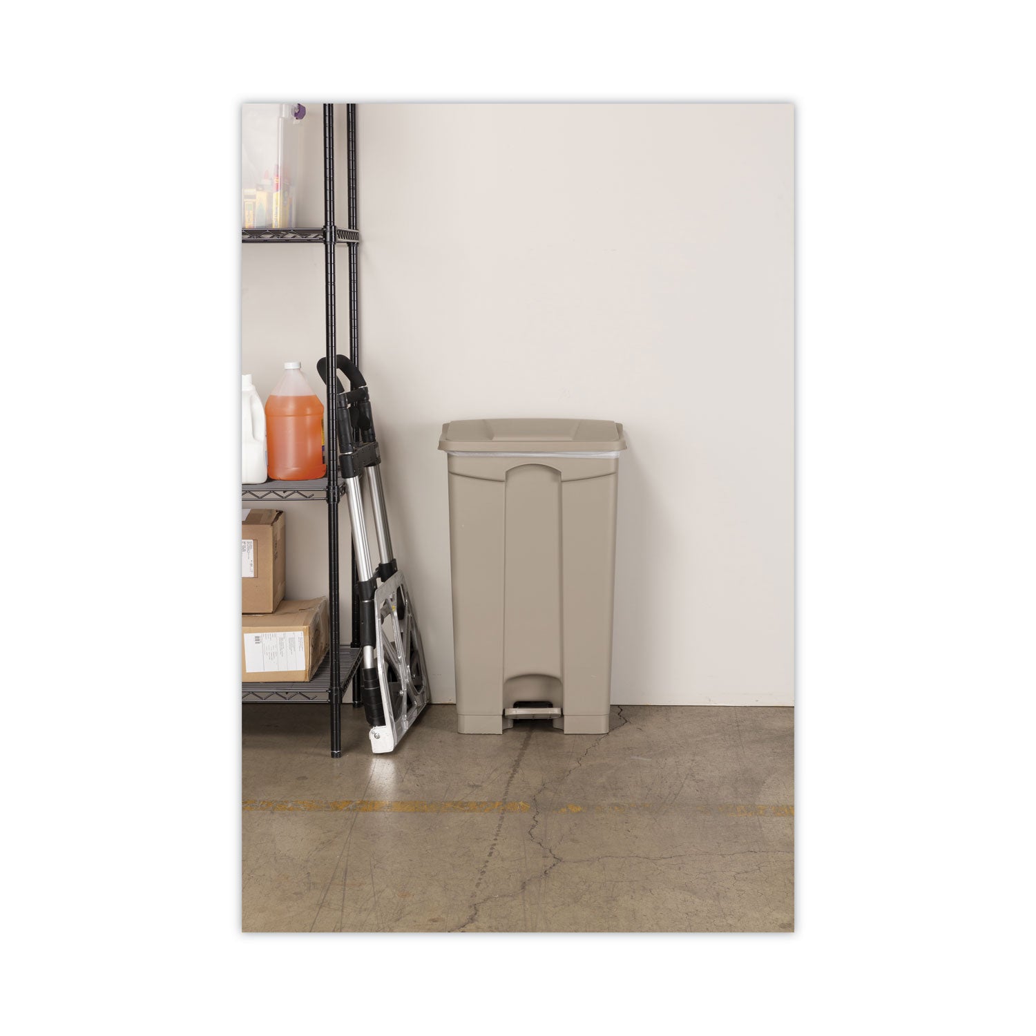 Large Capacity Plastic Step-On Receptacle, 23 gal, Plastic, Tan