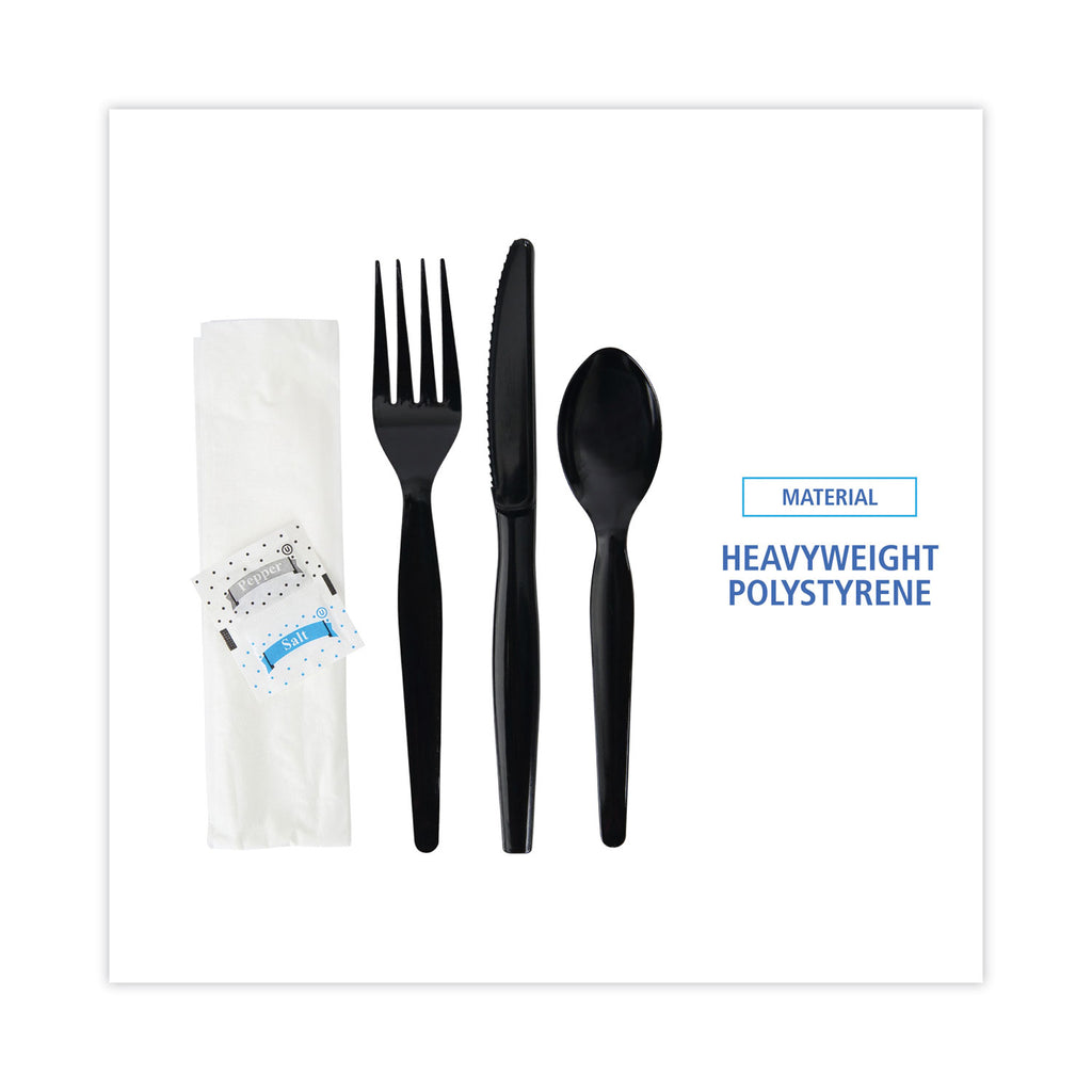 Six-Piece Cutlery Kit, Condiment/Fork/Knife/Napkin/Spoon, Heavyweight, Black, 250/Carton