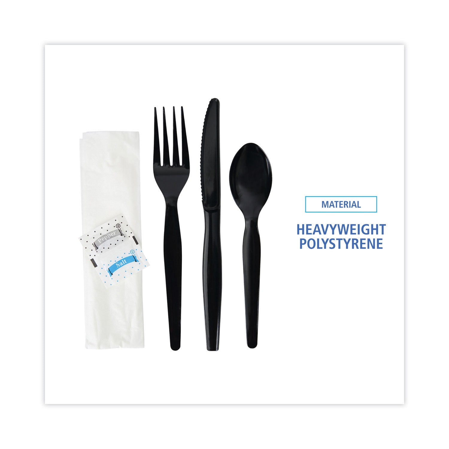Six-Piece Cutlery Kit, Condiment/Fork/Knife/Napkin/Spoon, Heavyweight, Black, 250/Carton