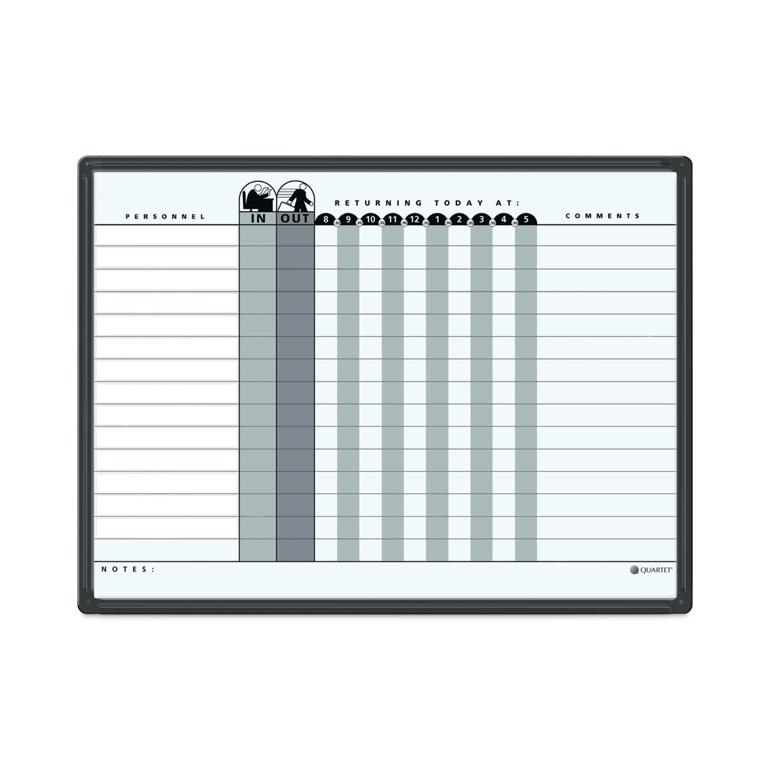 Employee In/Out Board System, Up to 15 Employees, 24 x 18, Porcelain White/Gray Surface, Black Aluminum Frame - 