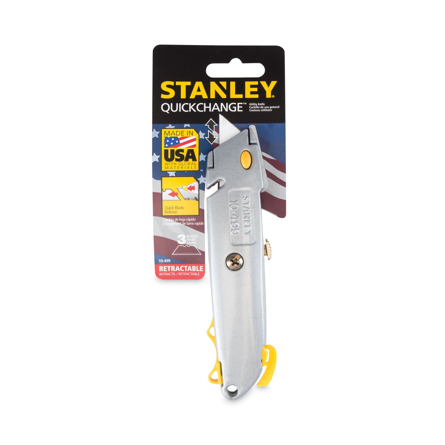 Quick-Change Utility Knife with Twine Cutter and (3) Retractable Blades, 6" Metal Handle, Gray - 