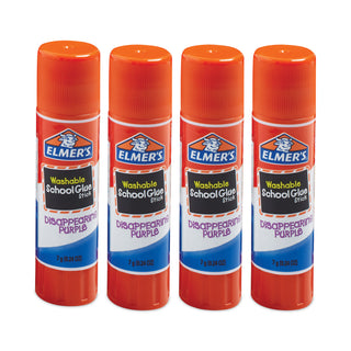 Washable School Glue Sticks, 0.24 oz, Applies Purple, Dries Clear, 4/Pack - 