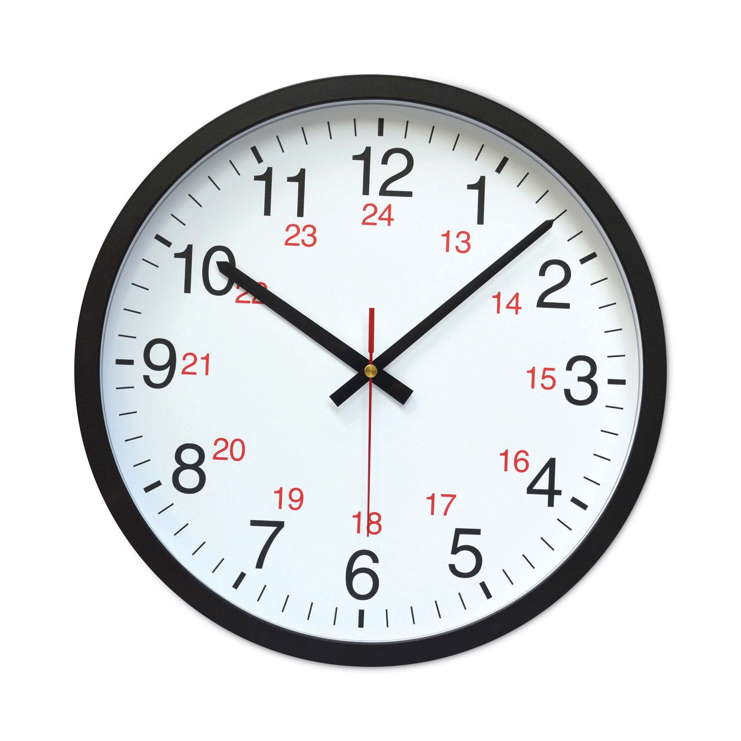 24-Hour Round Wall Clock, 12.63" Overall Diameter, Black Case, 1 AA (sold separately) - 