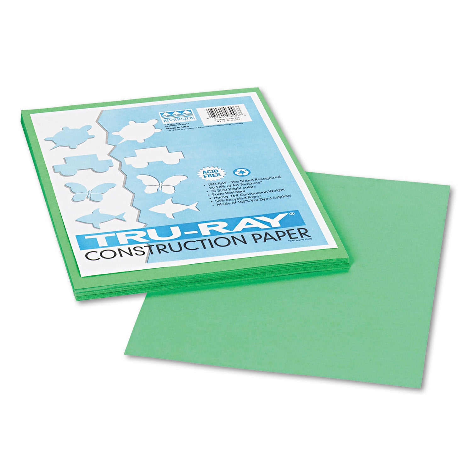 Tru-Ray Construction Paper, 76 lb Text Weight, 9 x 12, Festive Green, 50/Pack - 