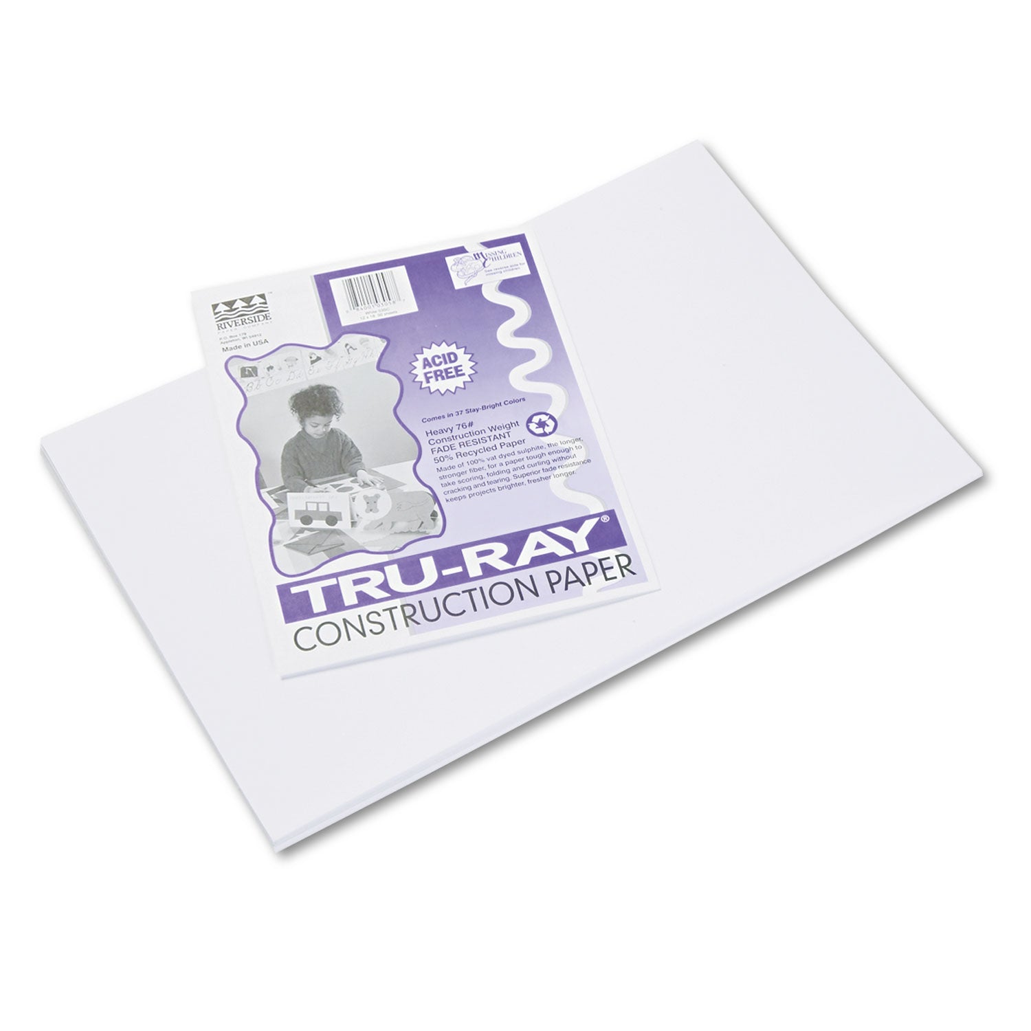 Tru-Ray Construction Paper, 76 lb Text Weight, 12 x 18, White, 50/Pack - 
