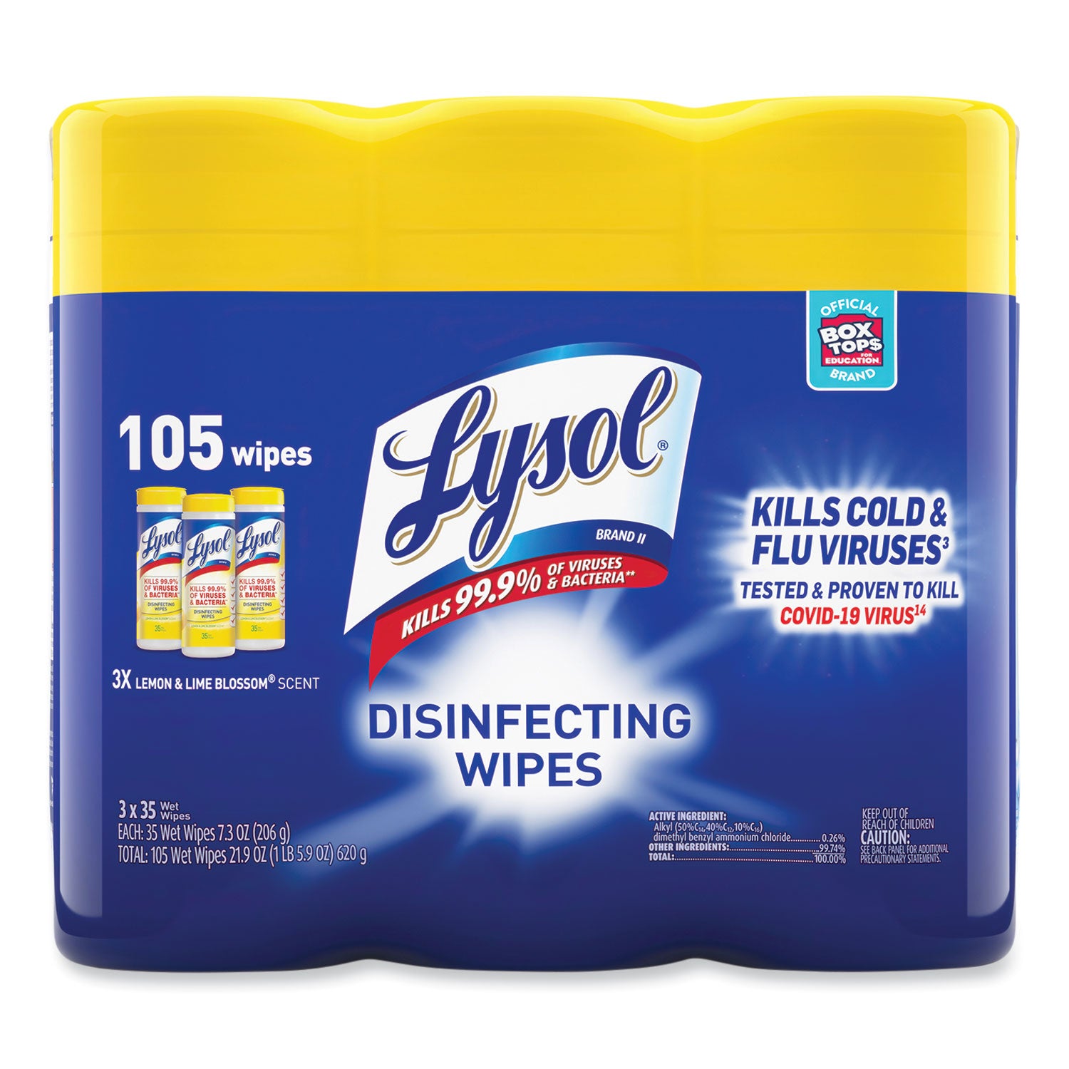 Disinfecting Wipes, 1-Ply, 7 x 7.25, Lemon and Lime Blossom, White, 35 Wipes/Canister, 3 Canisters/Pack, 4 Packs/Carton - 