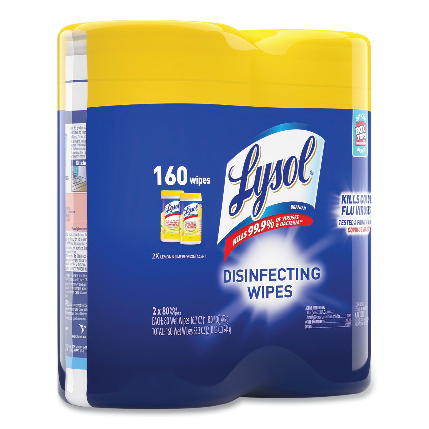 Disinfecting Wipes, 1-Ply, 7 x 7.25, Lemon and Lime Blossom, White, 80 Wipes/Canister, 2 Canisters/Pack - 