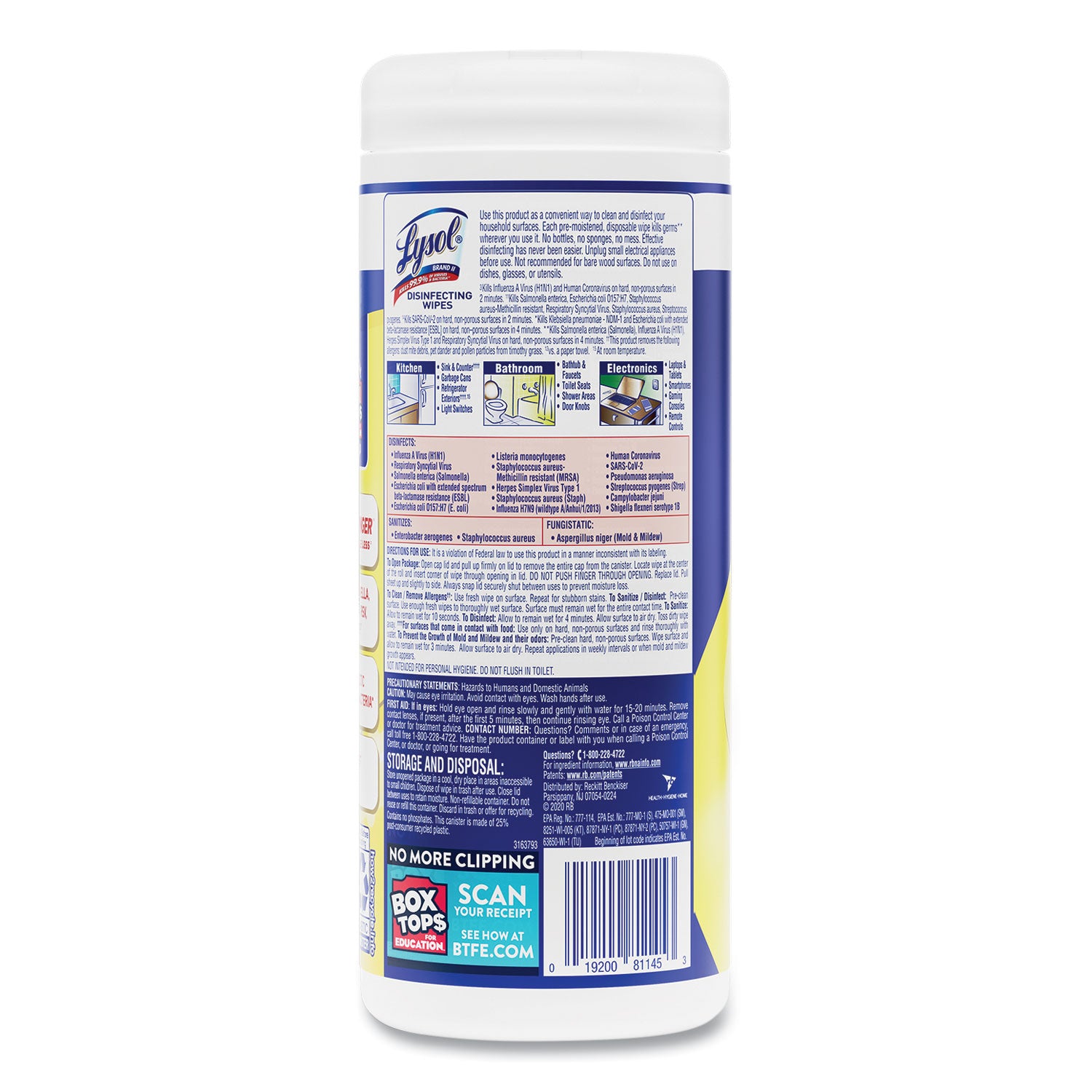 Disinfecting Wipes, 1-Ply, 7 x 7.25, Lemon and Lime Blossom, White, 35 Wipes/Canister - 