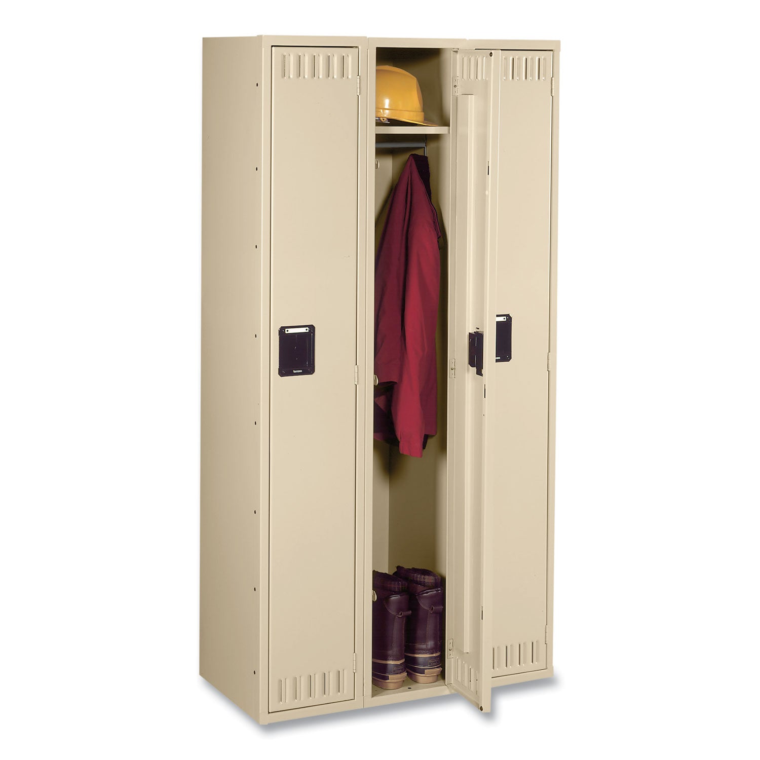 Single-Tier Locker, Three Lockers with Hat Shelves and Coat Rods, 36w x 18d x 72h, Sand - 