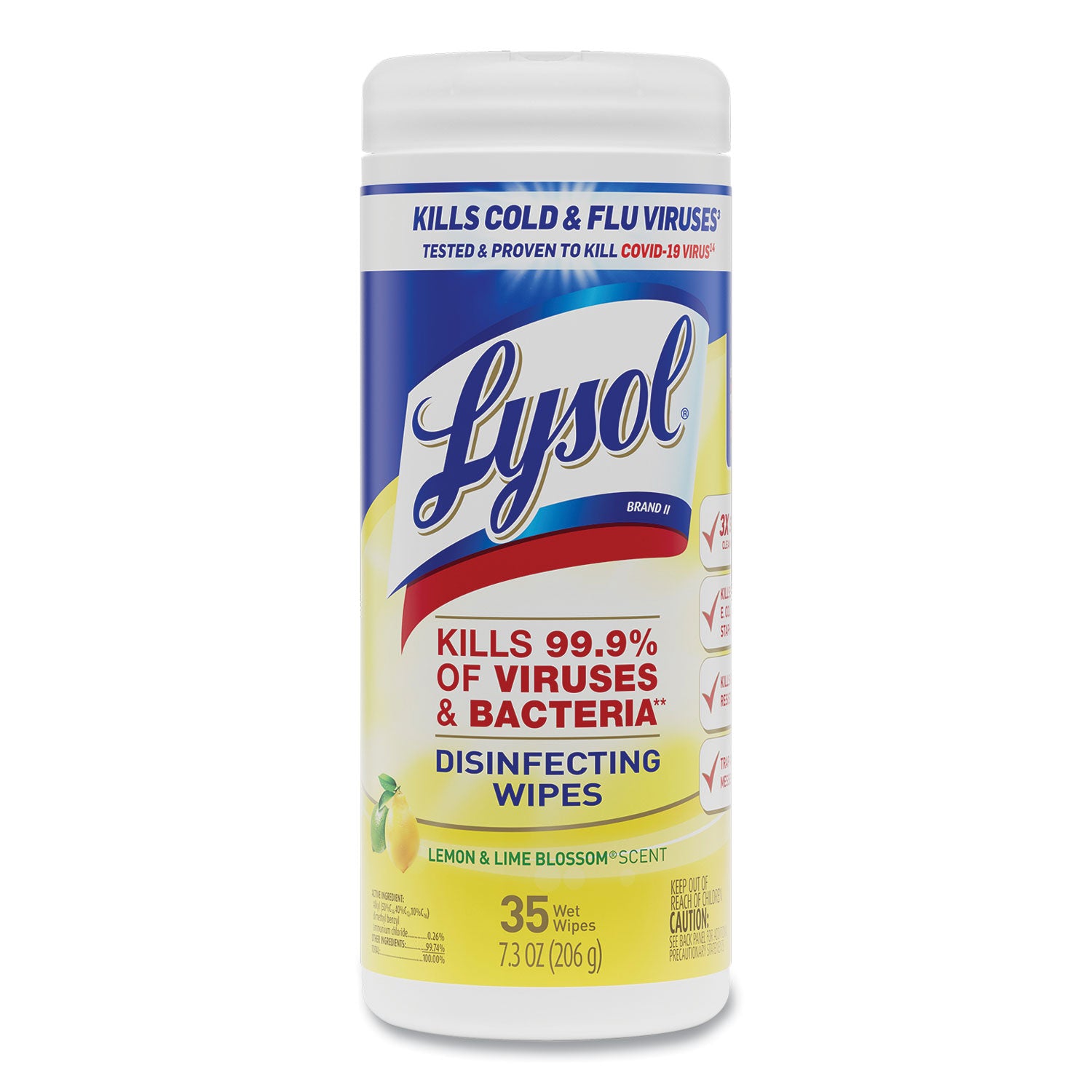 Disinfecting Wipes, 1-Ply, 7 x 7.25, Lemon and Lime Blossom, White, 35 Wipes/Canister, 12 Canisters/Carton - 