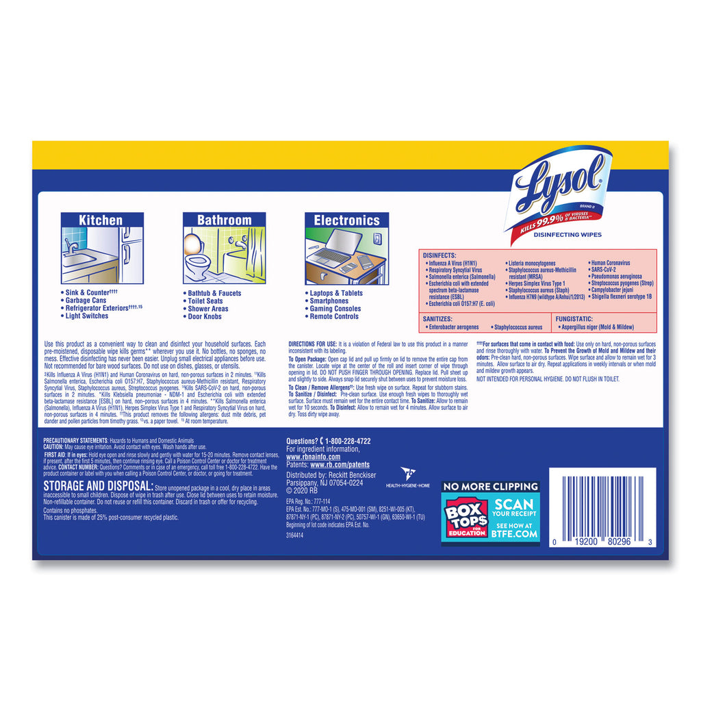 Disinfecting Wipes, 1-Ply, 7 x 7.25, Lemon and Lime Blossom, White, 80 Wipes/Canister, 2 Canisters/Pack - 