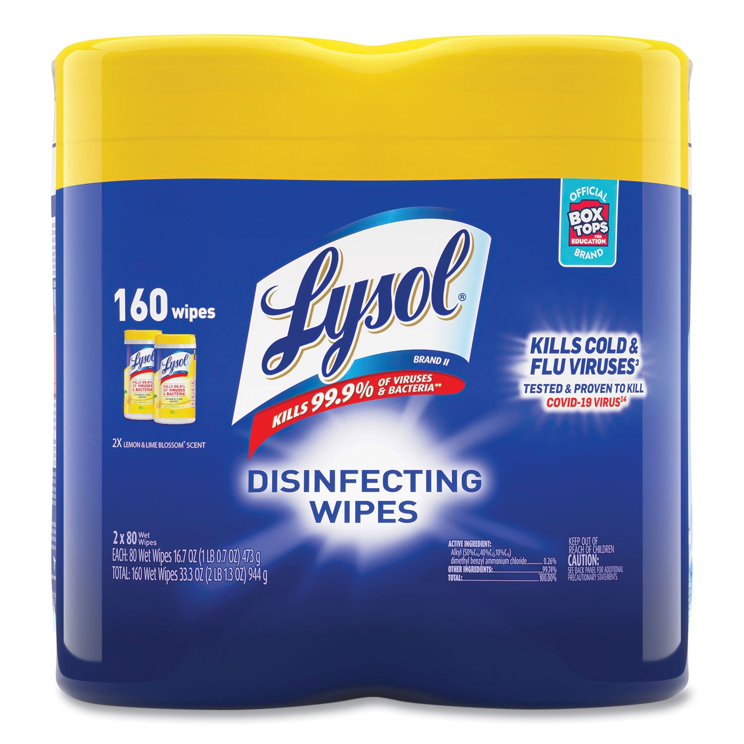 Disinfecting Wipes, 1-Ply, 7 x 7.25, Lemon and Lime Blossom, White, 80 Wipes/Canister, 2 Canisters/Pack - 