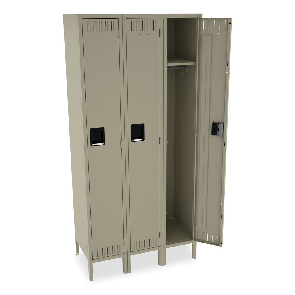 Single-Tier Locker with Legs, Three Lockers with Hat Shelves and Coat Rods, 36w x 18d x 78h, Sand - 