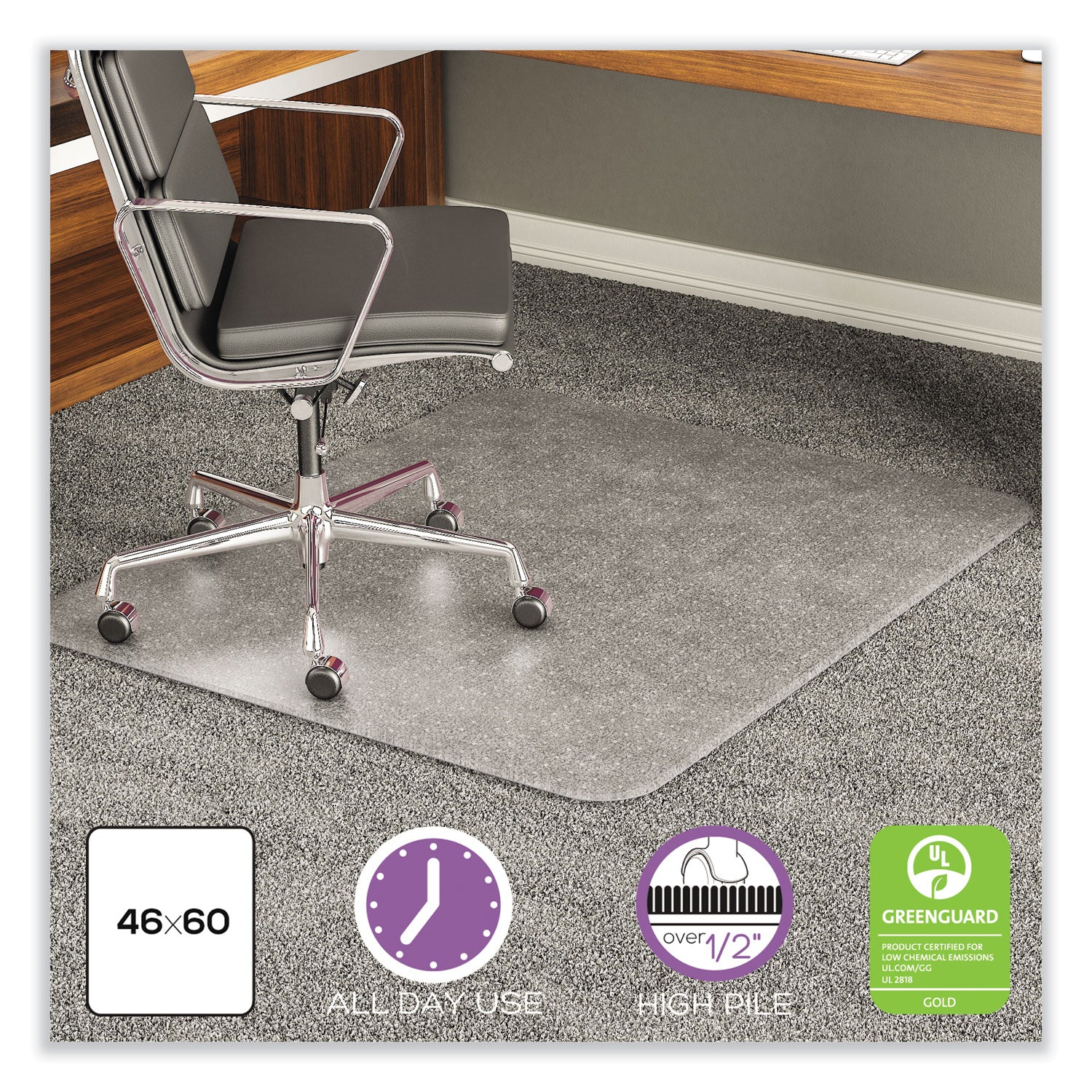 ExecuMat All Day Use Chair Mat for High Pile Carpet, 46 x 60, Rectangular, Clear - 