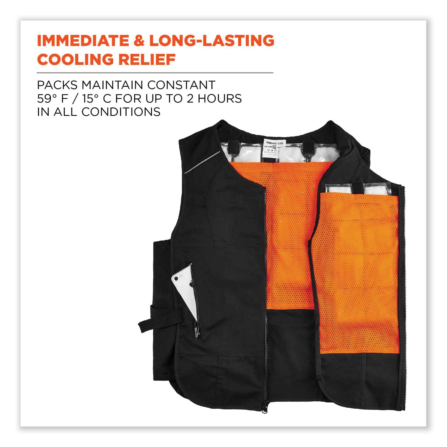 Chill-Its 6260 Lightweight Phase Change Cooling Vest w/ Packs, Cotton/Polyester, Large/XL, Black, Ships in 1-3 Business Days