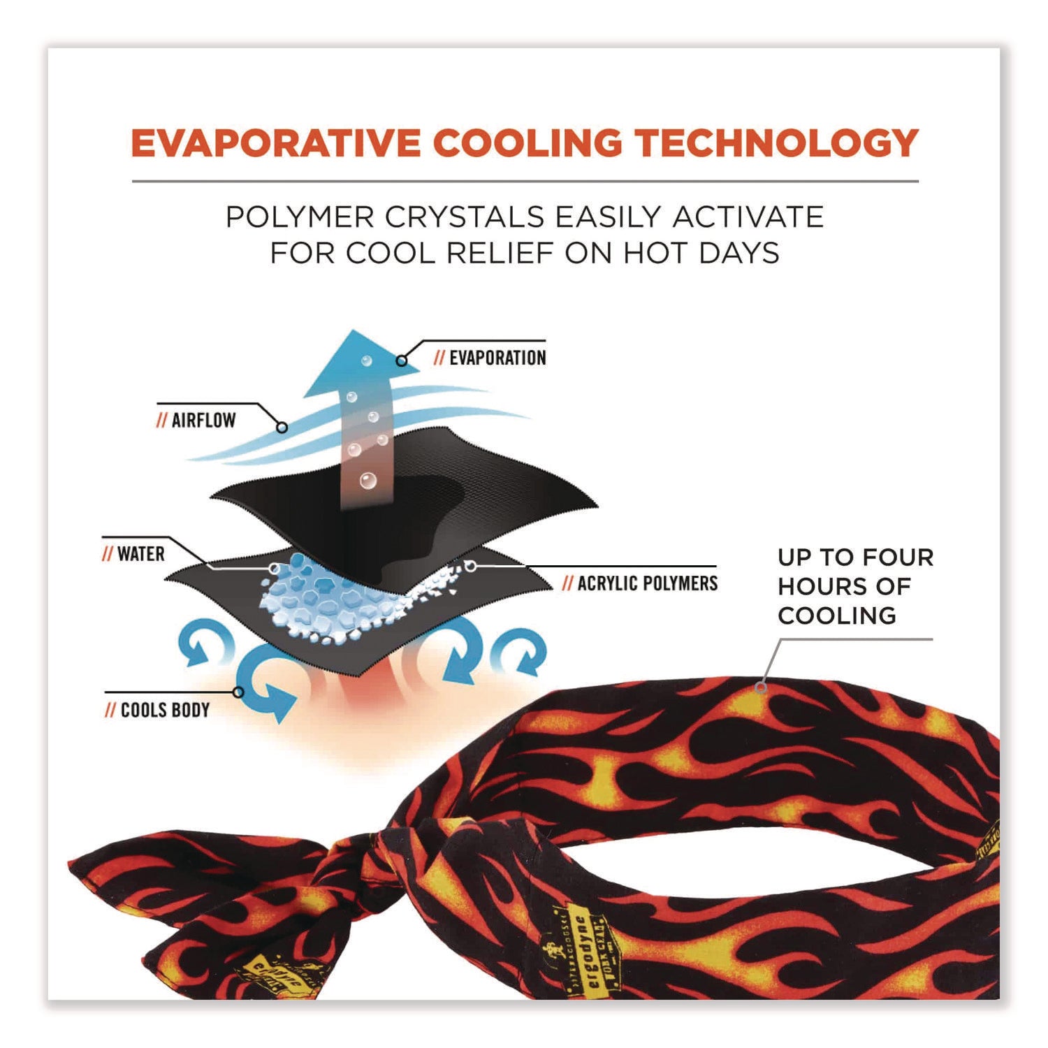 Chill-Its 6700 Cooling Bandana Polymer Tie Headband, One Size Fits Most, Flames, Ships in 1-3 Business Days